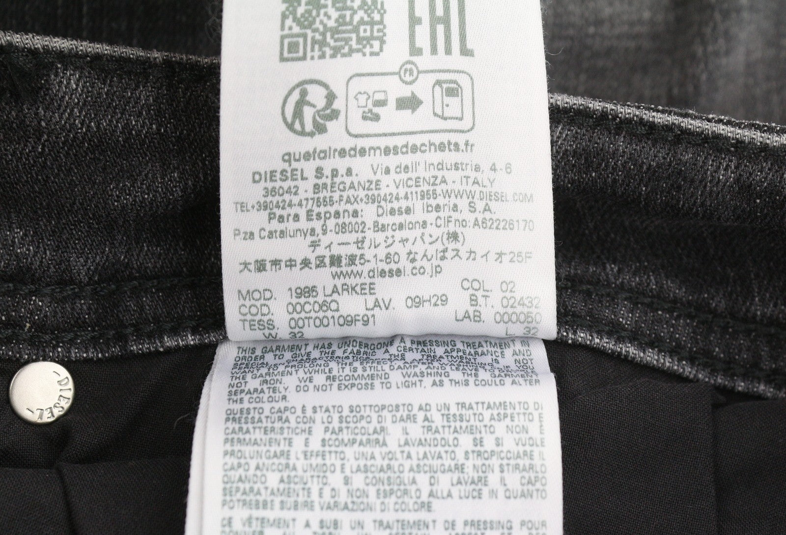 DIESEL 1985 Larkee 09H29 Men Jeans W32/L32 Black Faded Regular Straight Fit