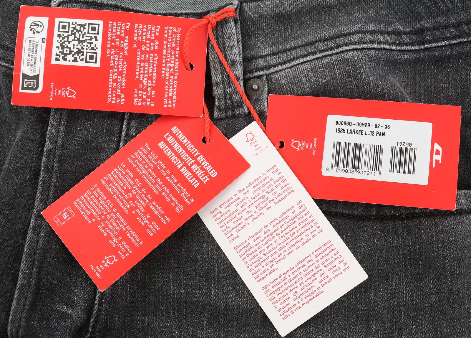 DIESEL 1985 Larkee 09H29 Men Jeans W36/L32 Black Whiskers Faded Regular Straight