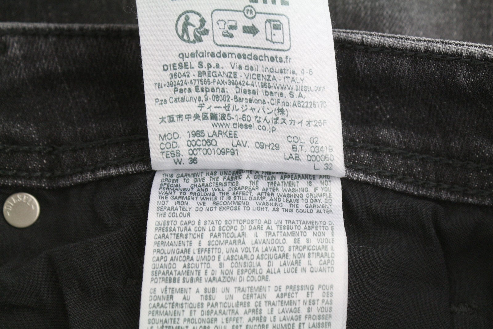 DIESEL 1985 Larkee 09H29 Men Jeans W36/L32 Black Whiskers Faded Regular Straight