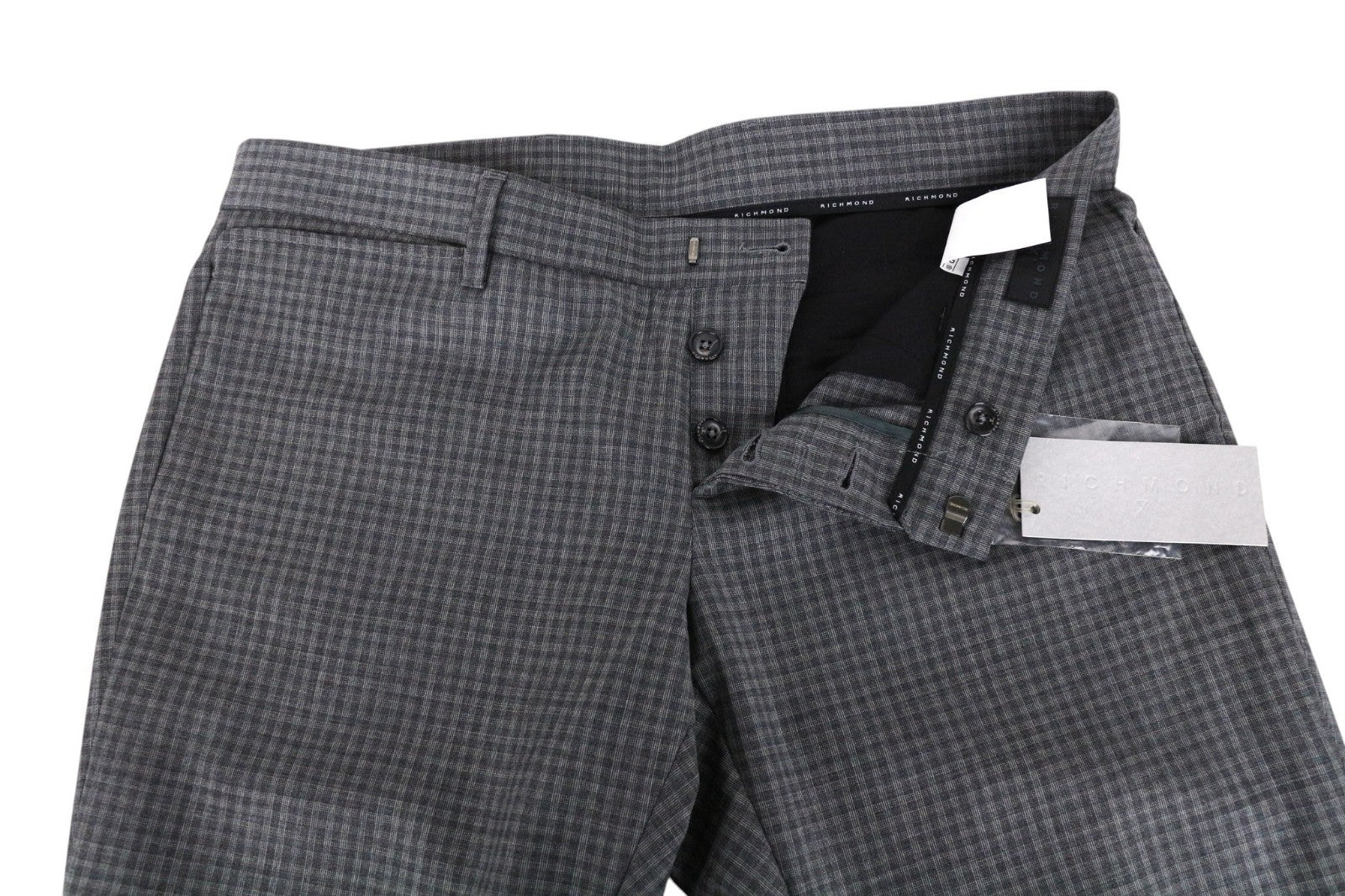 RICHMOND Men Trousers 48 W35 Grey Pure Wool Checked Pattern Pleated Front