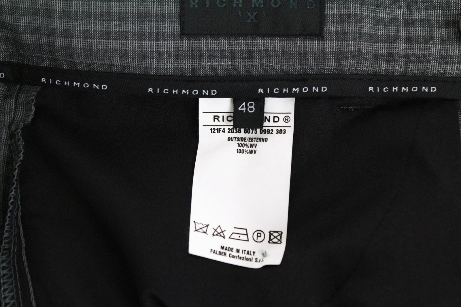 RICHMOND Men Trousers 48 W35 Grey Pure Wool Checked Pattern Pleated Front