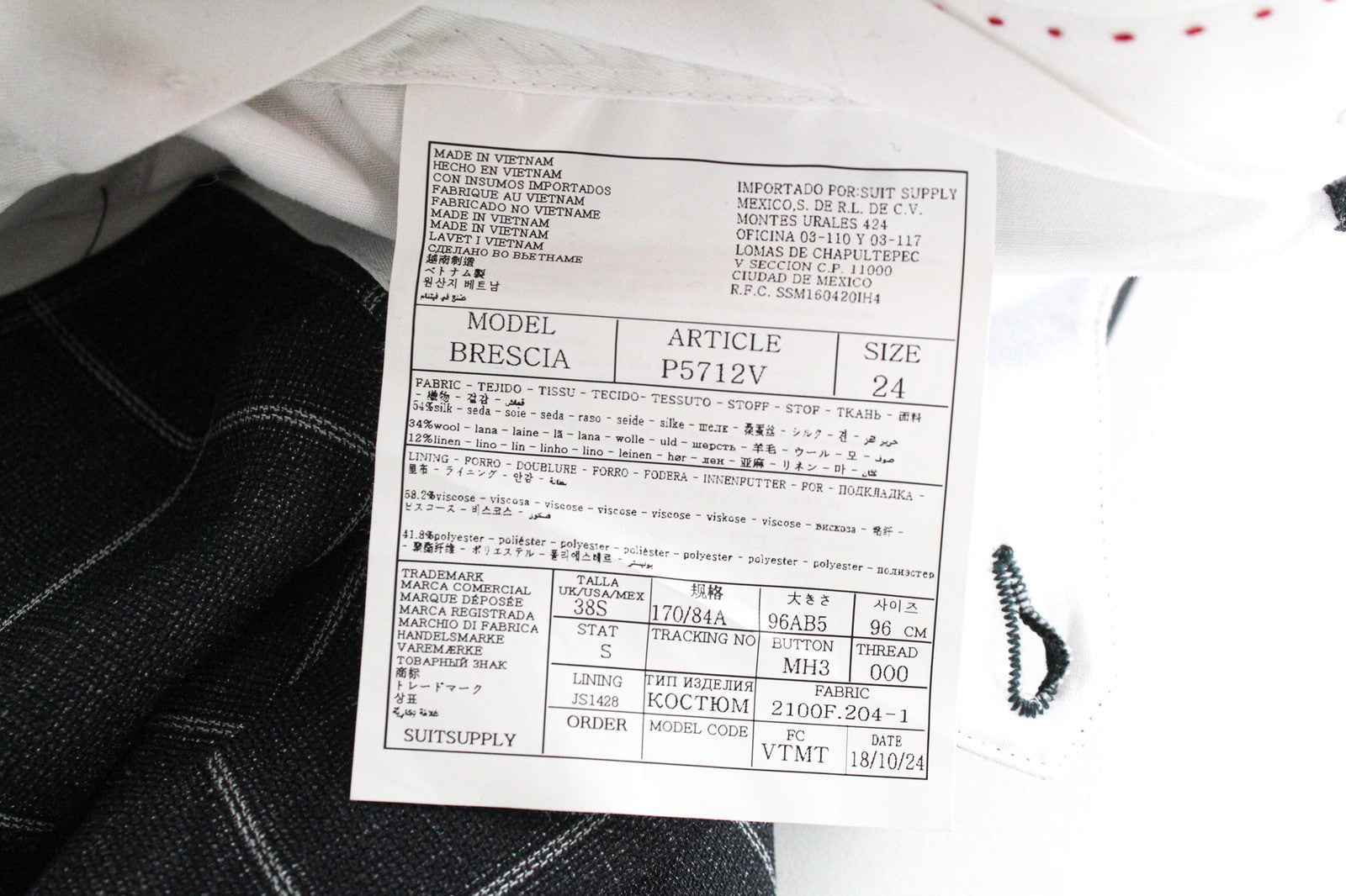 SUITSUPPLY Brescia Men Trousers UK38S Silk Wool Linen Dark Grey Slim Checked