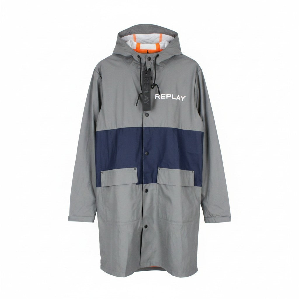REPLAY Men Jacket L Grey Rubber Coated Unlined Taped Seams Mid-Length Hooded