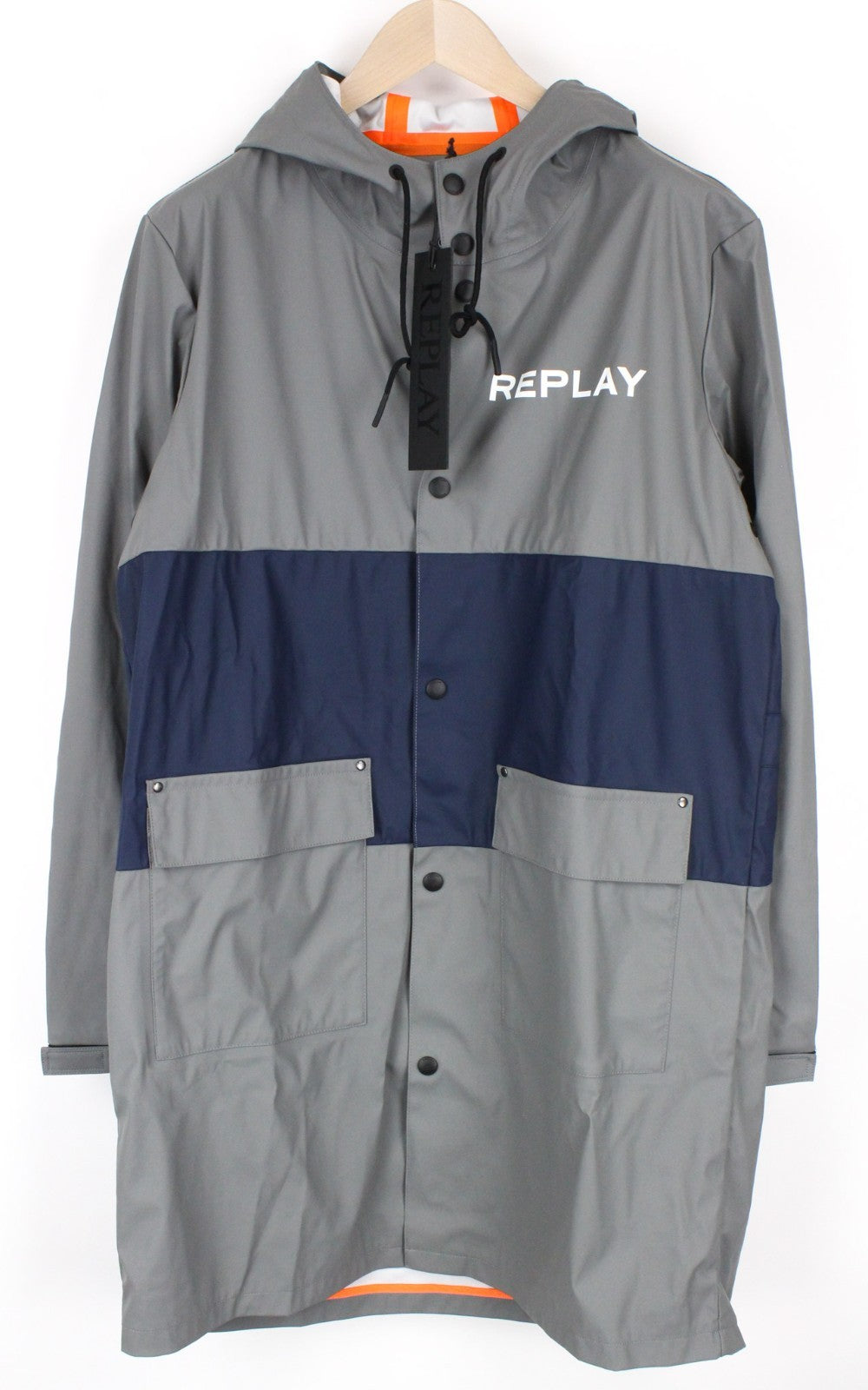 REPLAY Men Jacket L Grey Rubber Coated Unlined Taped Seams Mid-Length Hooded