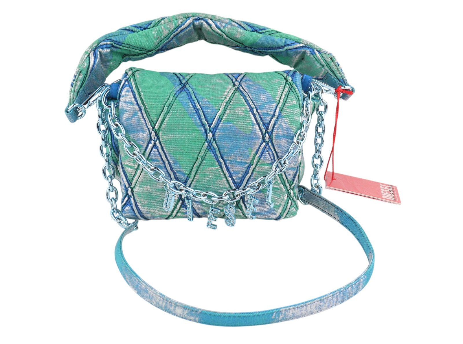 DIESEL Charm-D Shoulder Women Bag OS Blue Shiny Quilted Pop Colour Denim RRP635