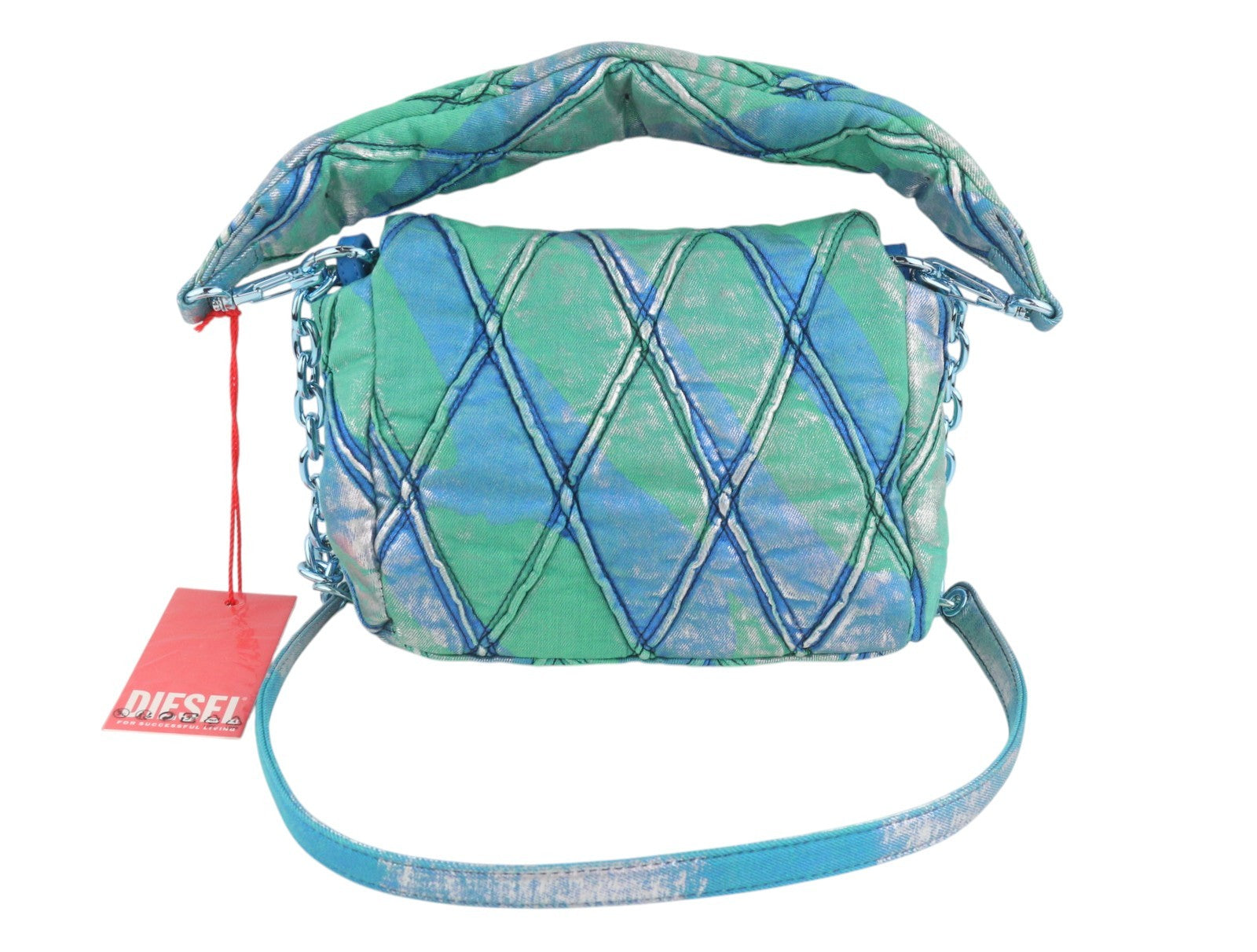 DIESEL Charm-D Shoulder Women Bag OS Blue Shiny Quilted Pop Colour Denim RRP635