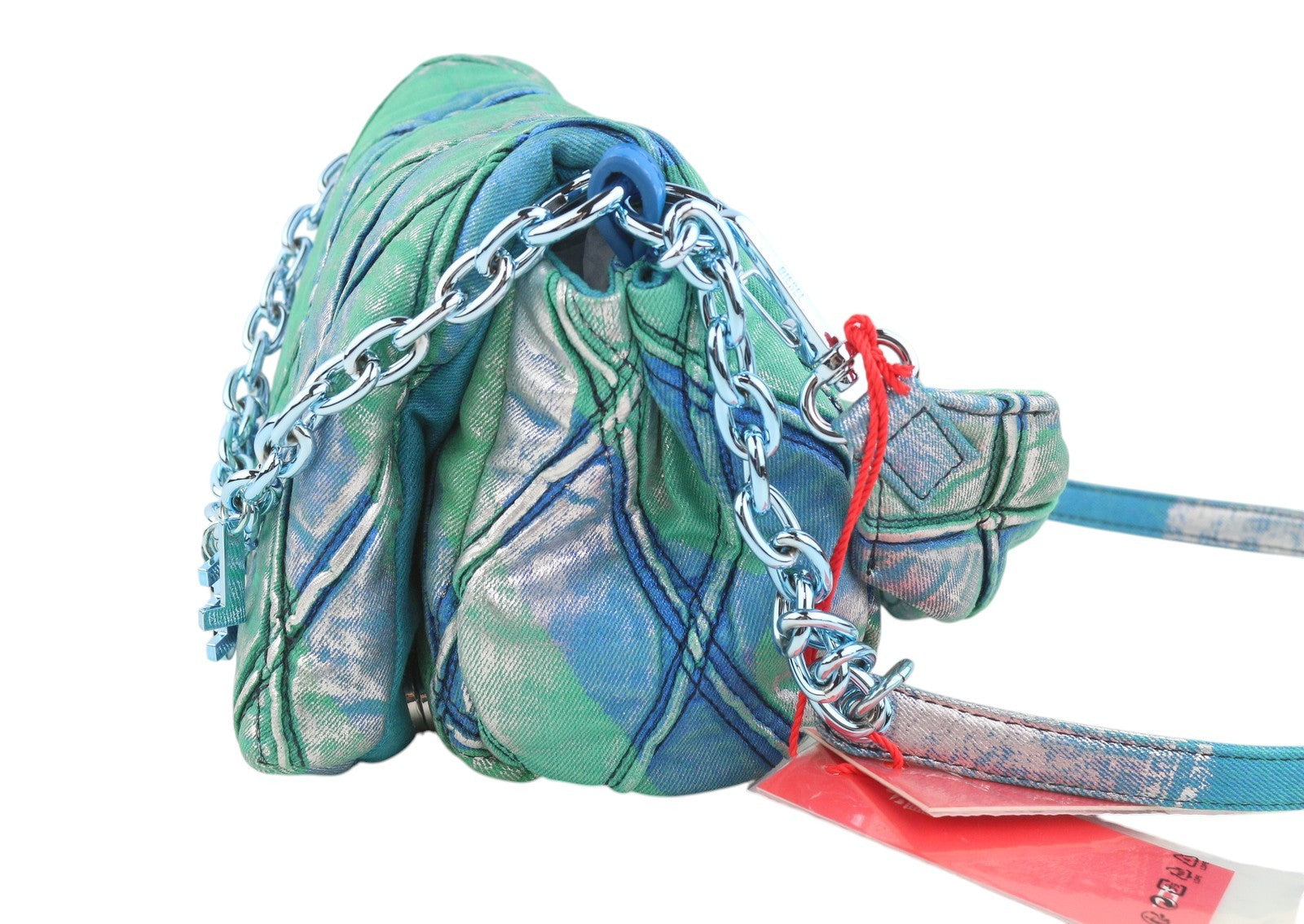 DIESEL Charm-D Shoulder Women Bag OS Blue Shiny Quilted Pop Colour Denim RRP635