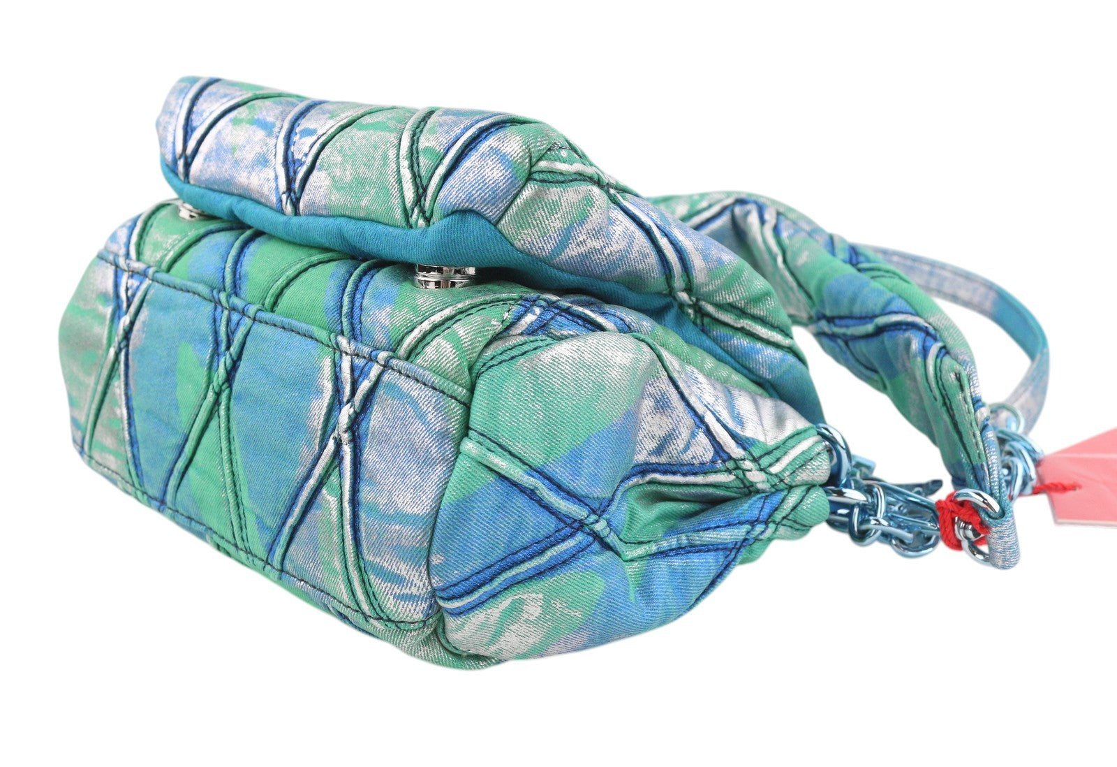 DIESEL Charm-D Shoulder Women Bag OS Blue Shiny Quilted Pop Colour Denim RRP635