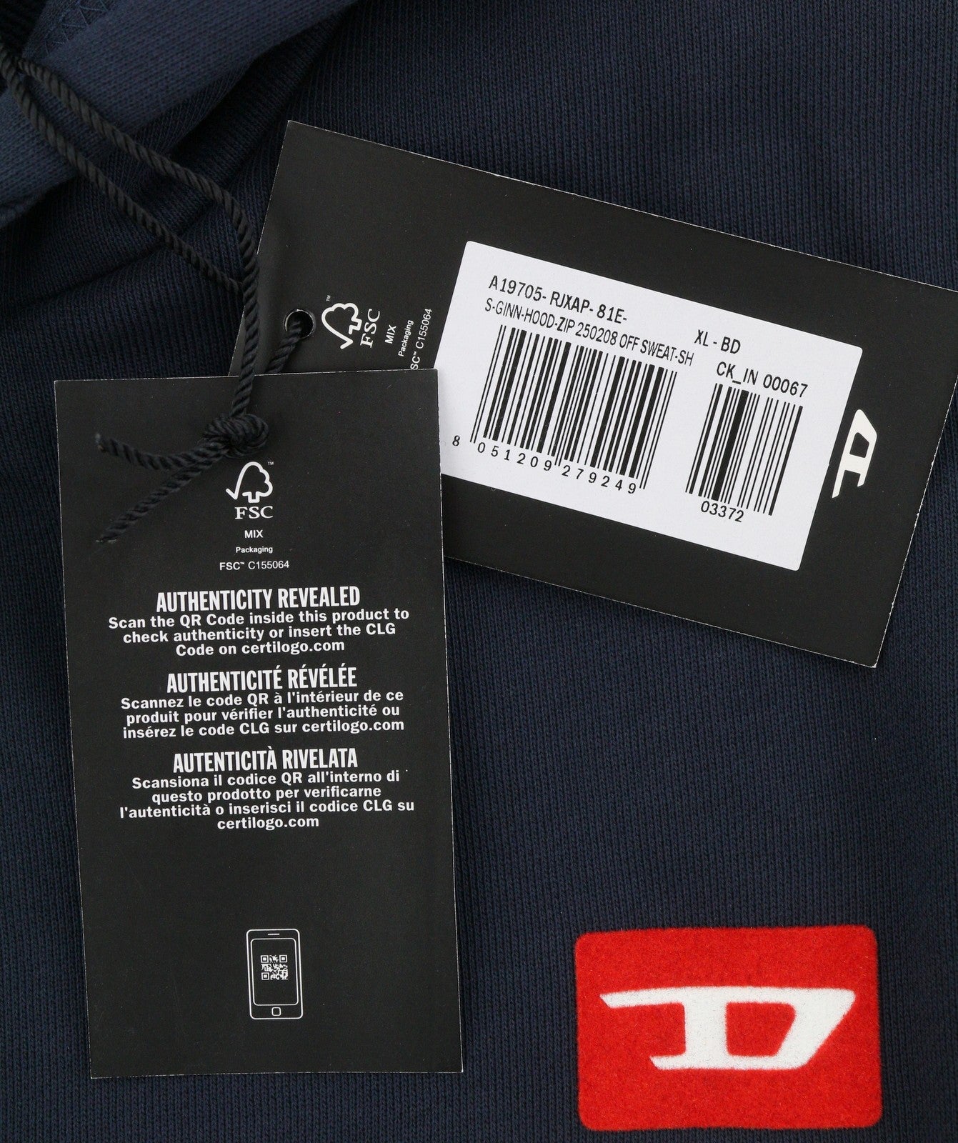 DIESEL S-Ginn-Hood-Zip 250209 Off Men Hoodie XL Dark Blue Cotton Full Zip RRP175