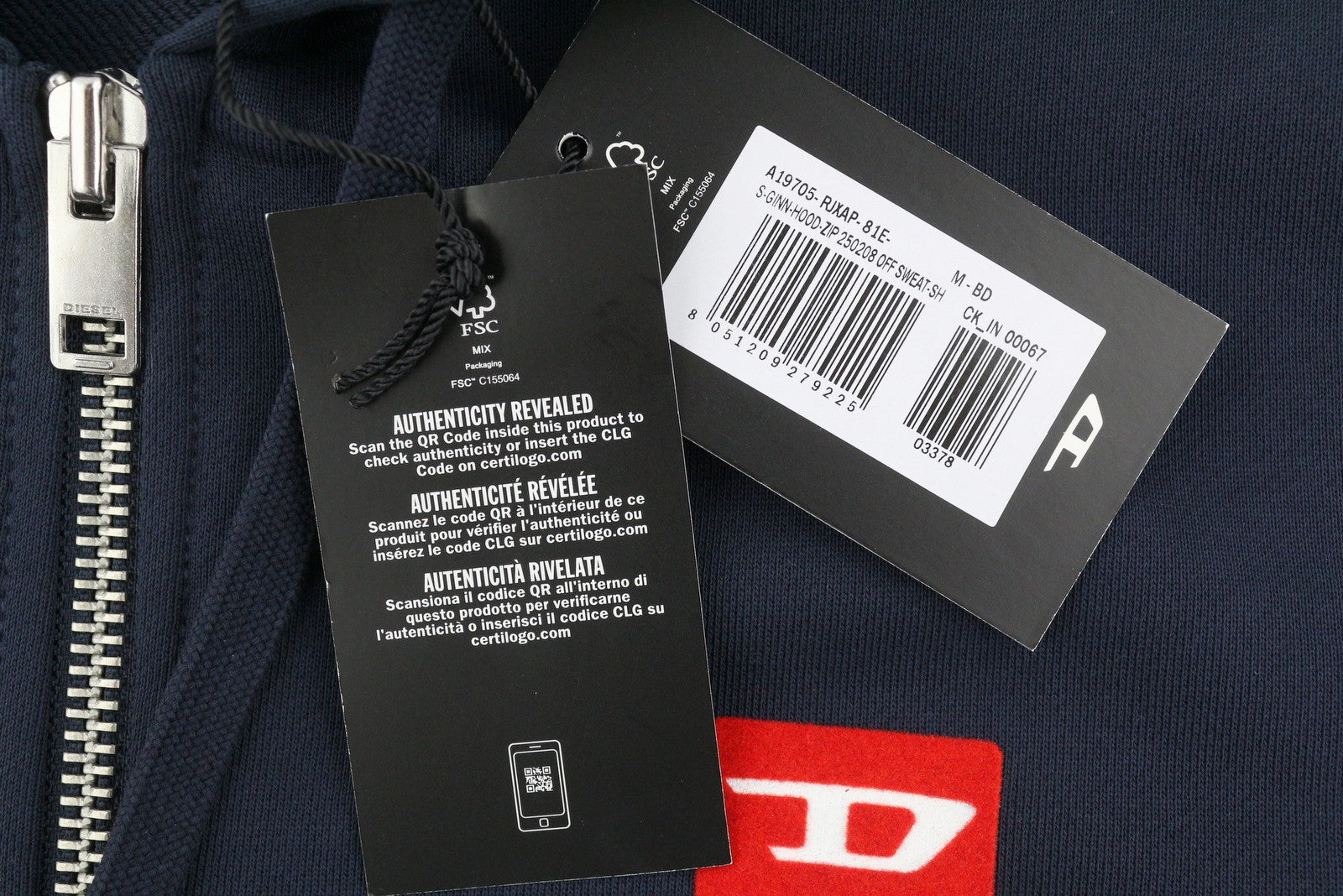 DIESEL S-Ginn-Hood-Zip 250209 Off Men Hoodie M Dark Blue Cotton Full Zip RRP175