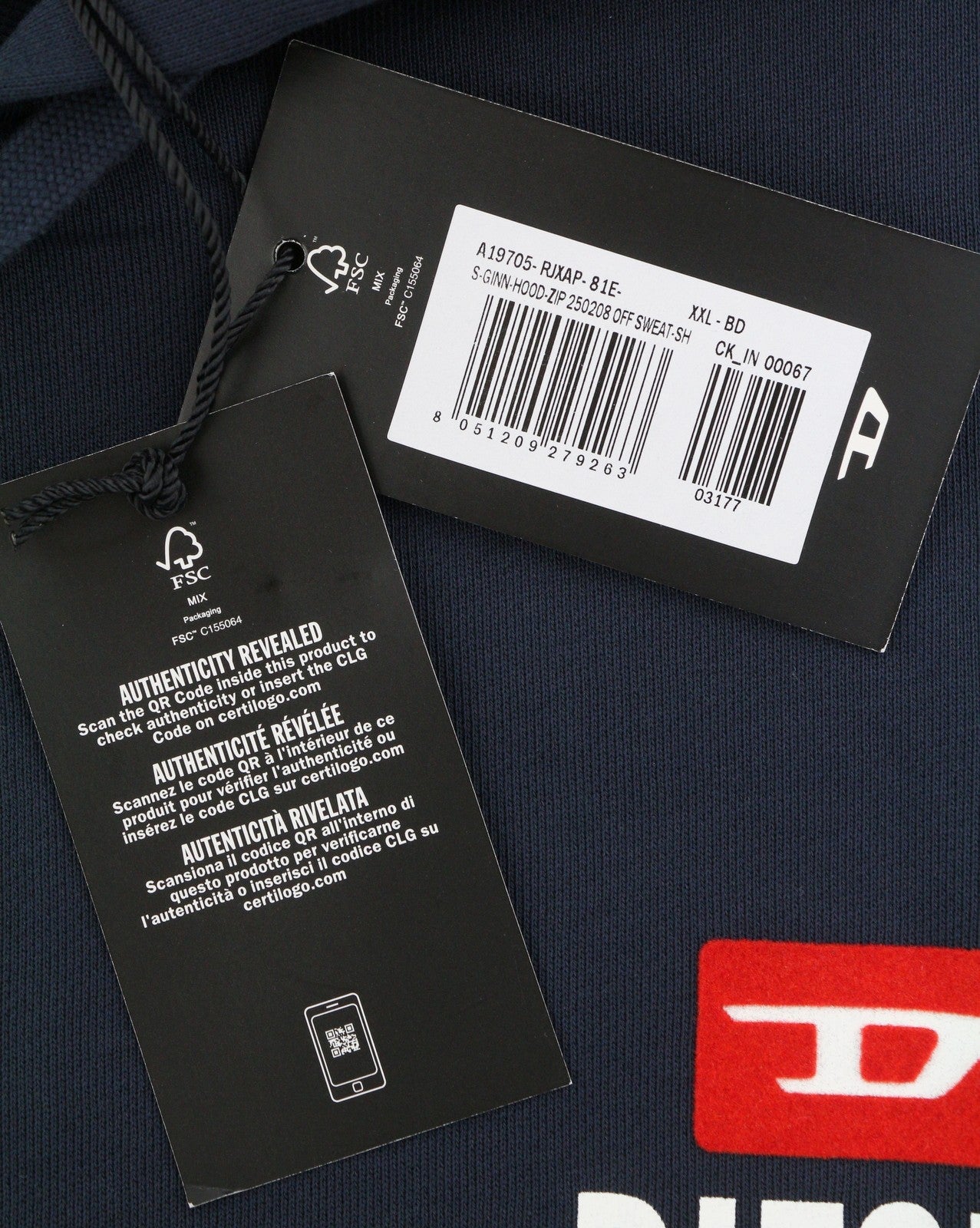 DIESEL S-Ginn-Hood-Zip 250209 Off Men Hoodie 2XL Blue Cotton Full Zip RRP175