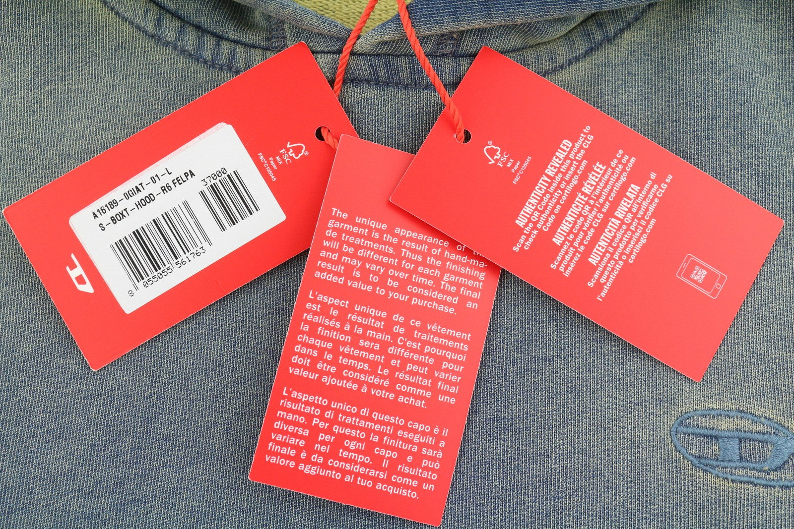 DIESEL S-Boxt-Hood-R6 Men Hoodie L Blue Washed Kangaroo Pocket Pull On RRP250