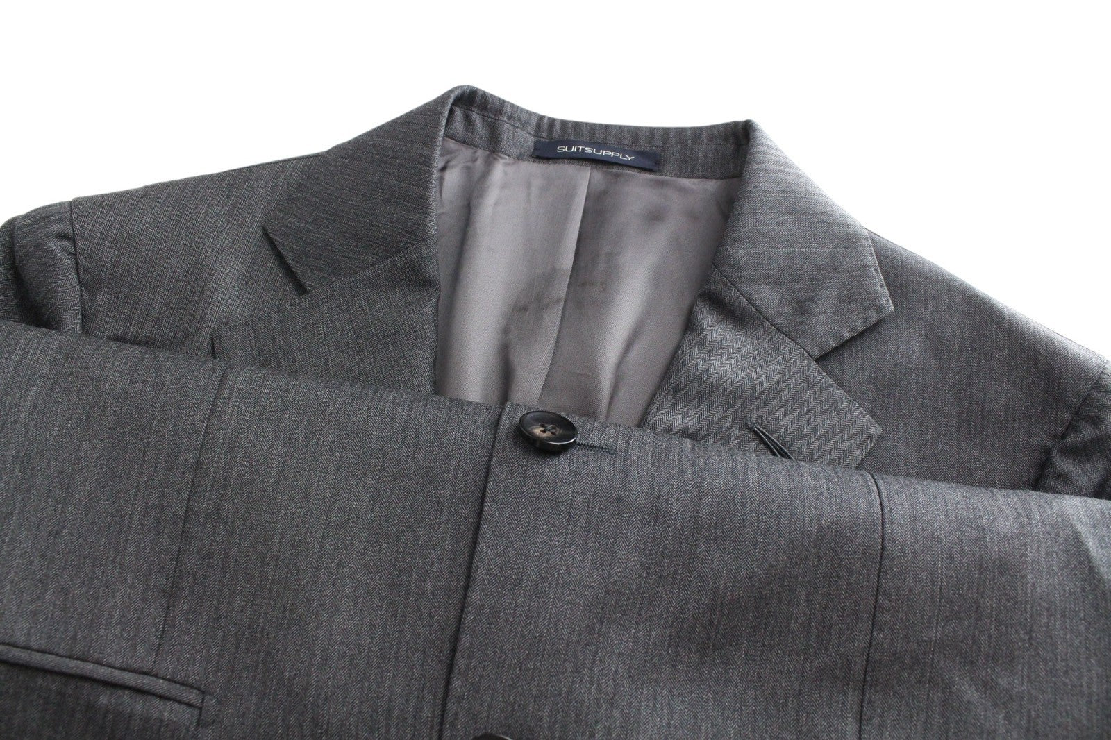 SUITSUPPLY La Spalla Men Suit UK36R Herringbone Grey 2-Piece Slim Wool S130s