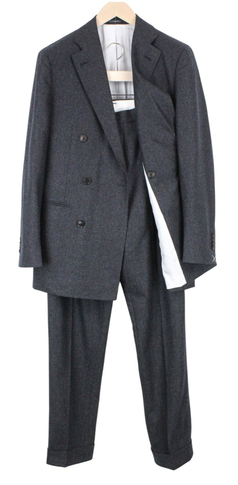 SUITSUPPLY La Spalla Men Suit UK38R Grey 2Pc Two-Row Circular Wool Flannel Slim