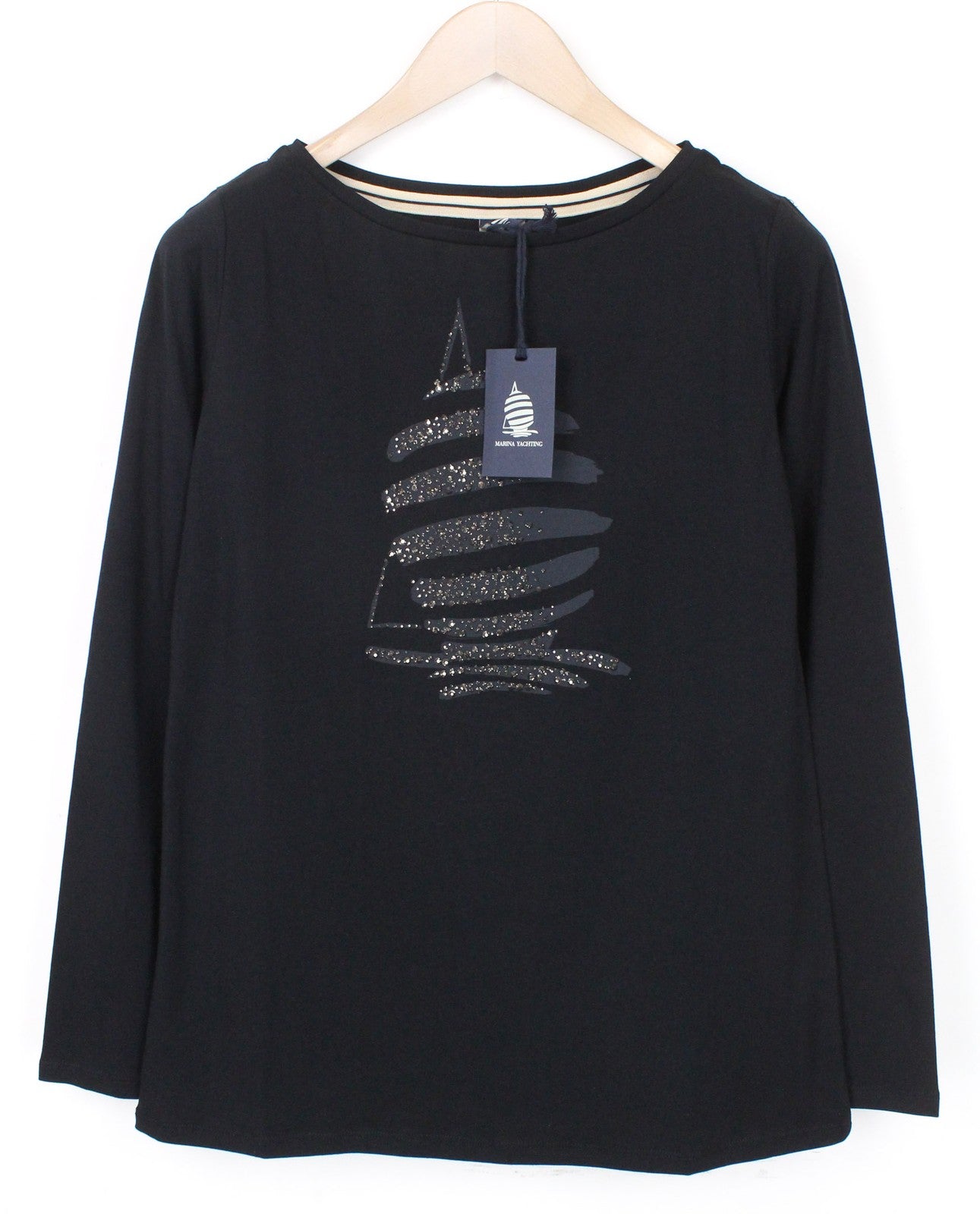 MARINA YACHTING Women T-Shirt S Black Pullover Crew Neck Rhinestones