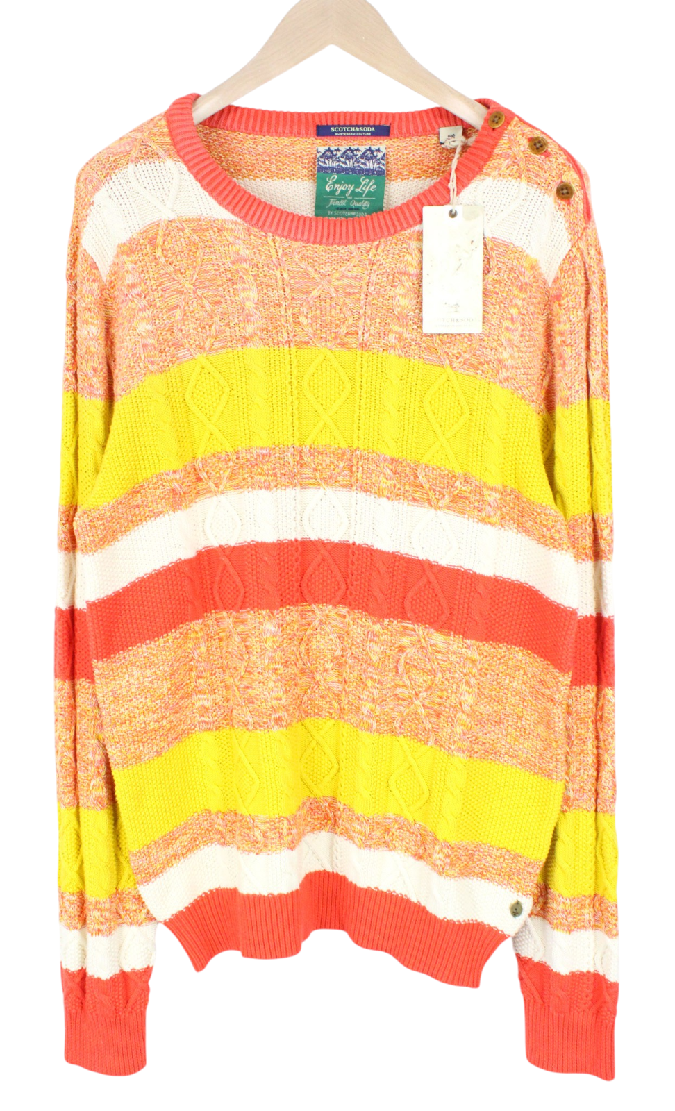 SCOTCH & SODA Men Jumper L Orange Striped Cable-Knit Crew Neck Sweater Cotton