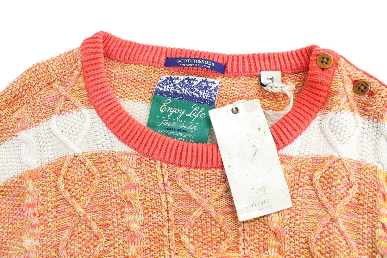 SCOTCH & SODA Men Jumper L Orange Striped Cable-Knit Crew Neck Sweater Cotton