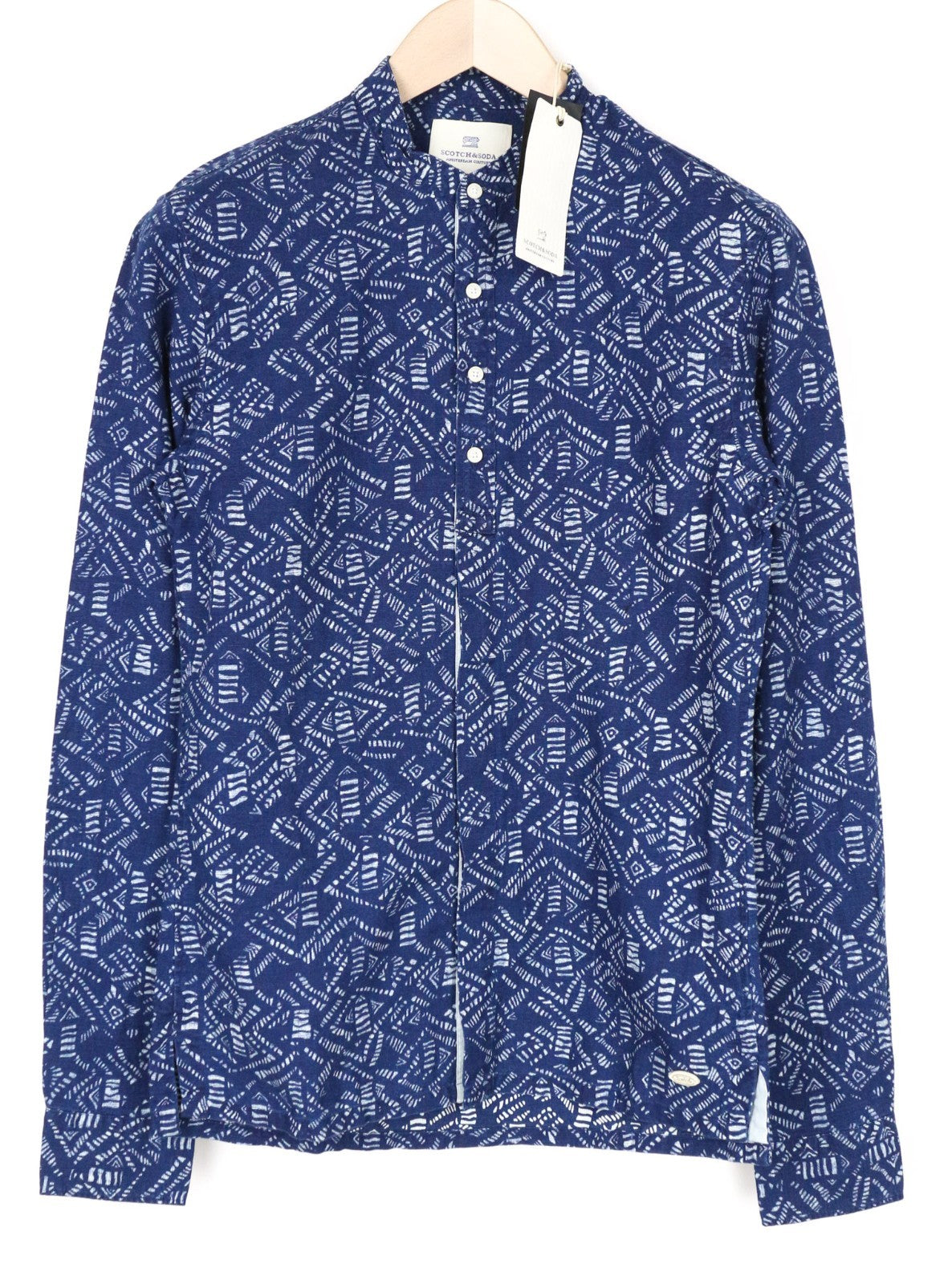 SCOTCH & SODA Men Shirt S Denim Blue Graphic Print Abstract Henley Cotton Linen