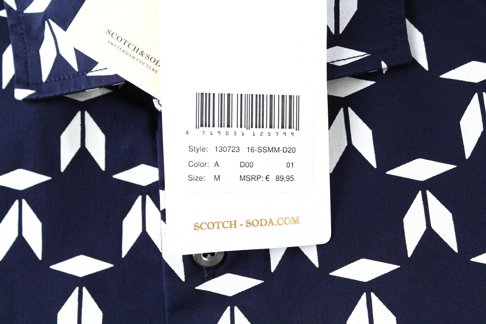 SCOTCH & SODA Men Shirt M Marine Blue Geometric Print Cotton Blend Stretch Slim