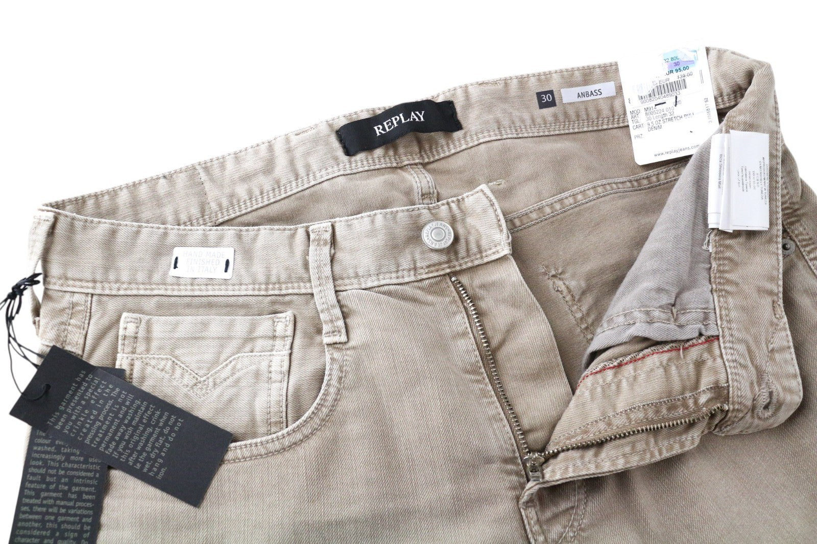 REPLAY Anbass Men Jeans W30/L32 Light Brown Slim Stretch Bull Denim Zip-Fly