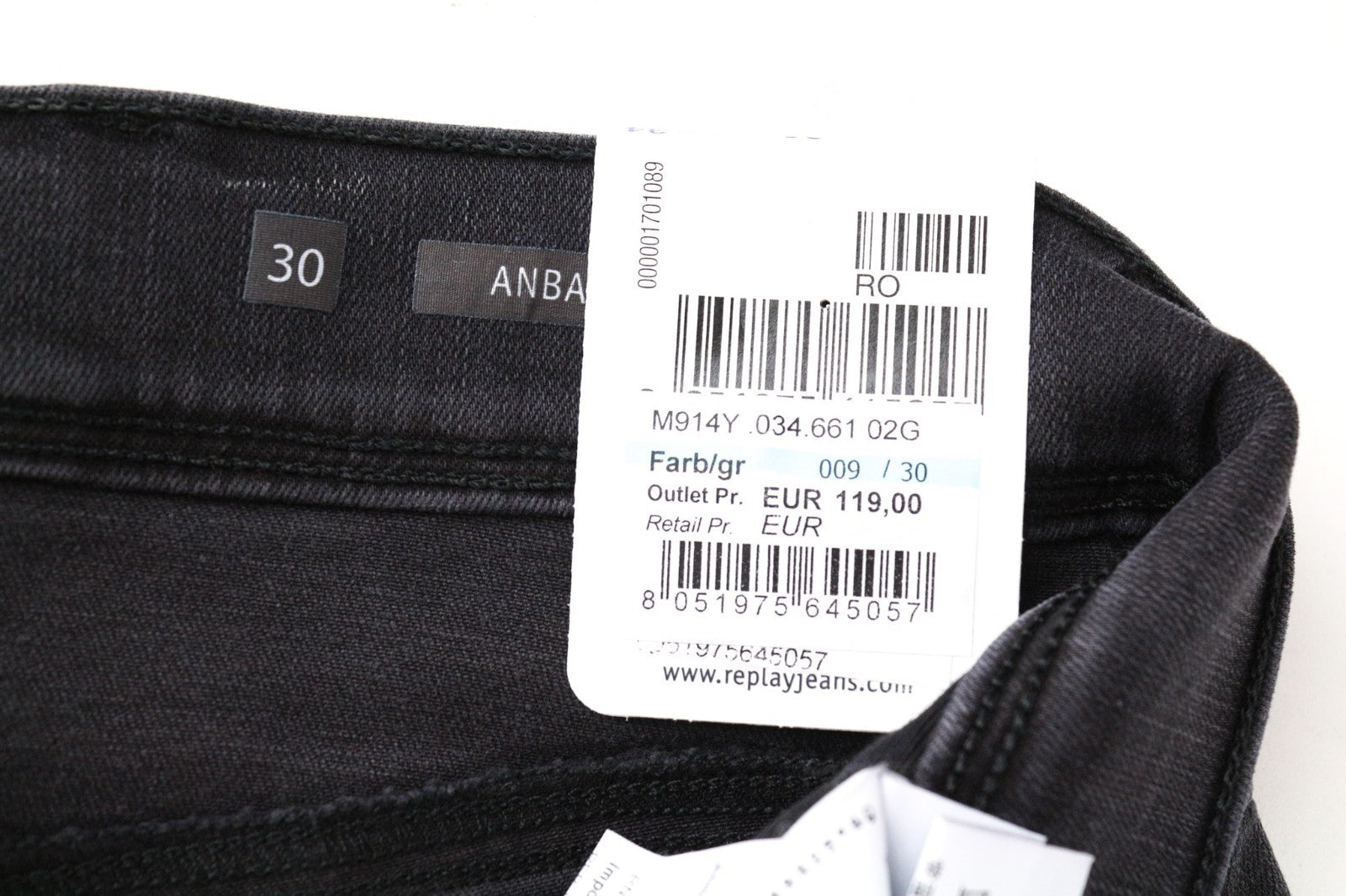 REPLAY Anbass Men Jeans W30/L34 Dark Grey Slim Fit Distressed Stretch Zip-Fly