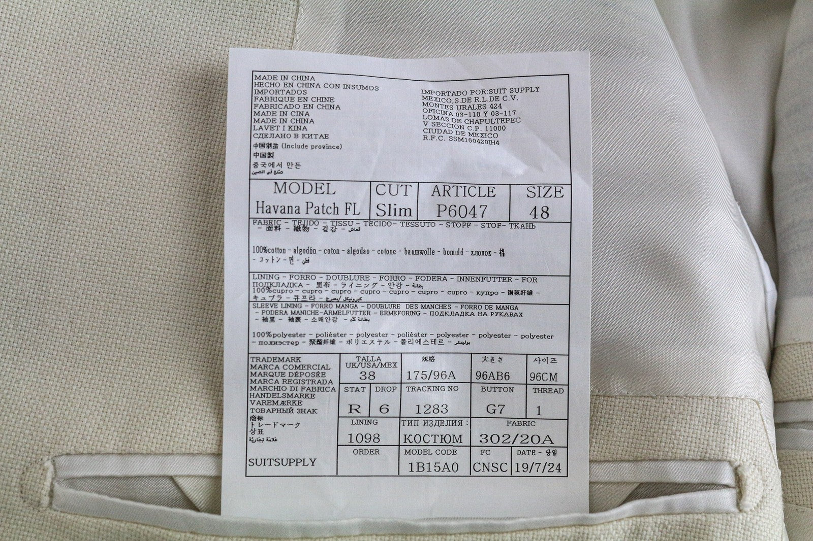 SUITSUPPLY Havana Men Suit UK38R Formal Off-White Slim Pure Cotton 2 Piece