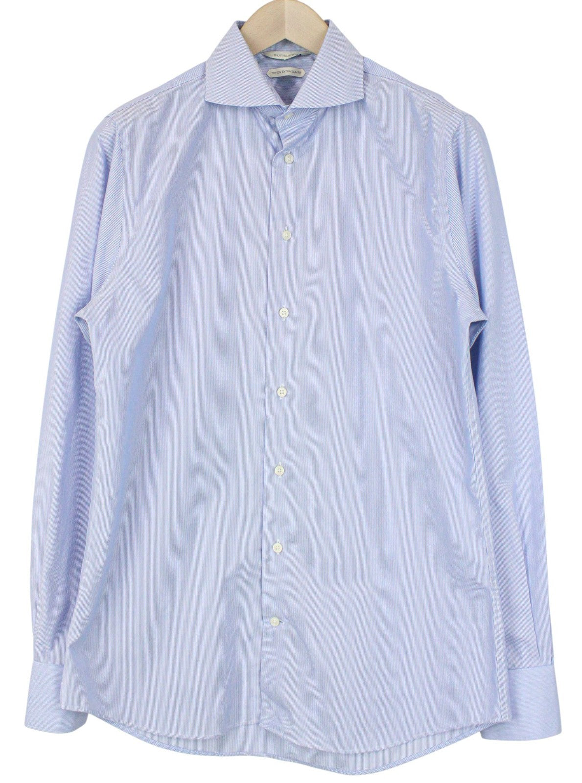 SUITSUPPLY Men Shirt 40/15 3/4 Extra Slim Blue Pure Cotton Striped Long Sleeve