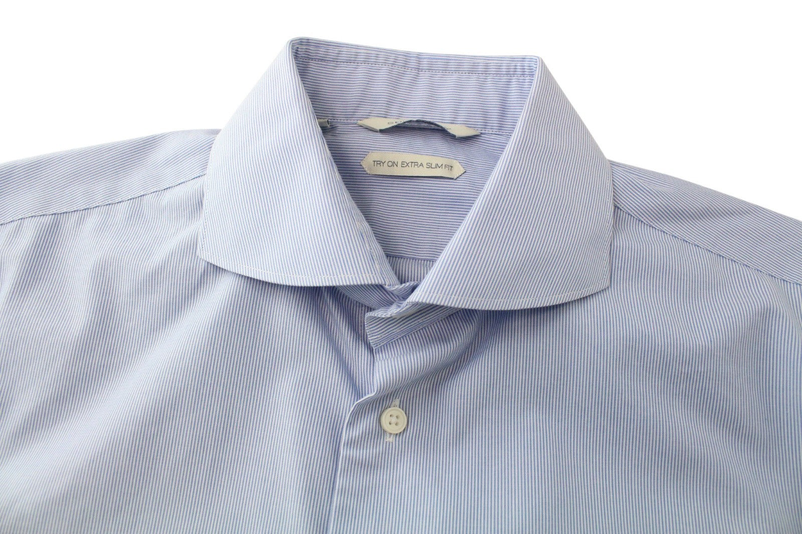 SUITSUPPLY Men Shirt 40/15 3/4 Extra Slim Blue Pure Cotton Striped Long Sleeve