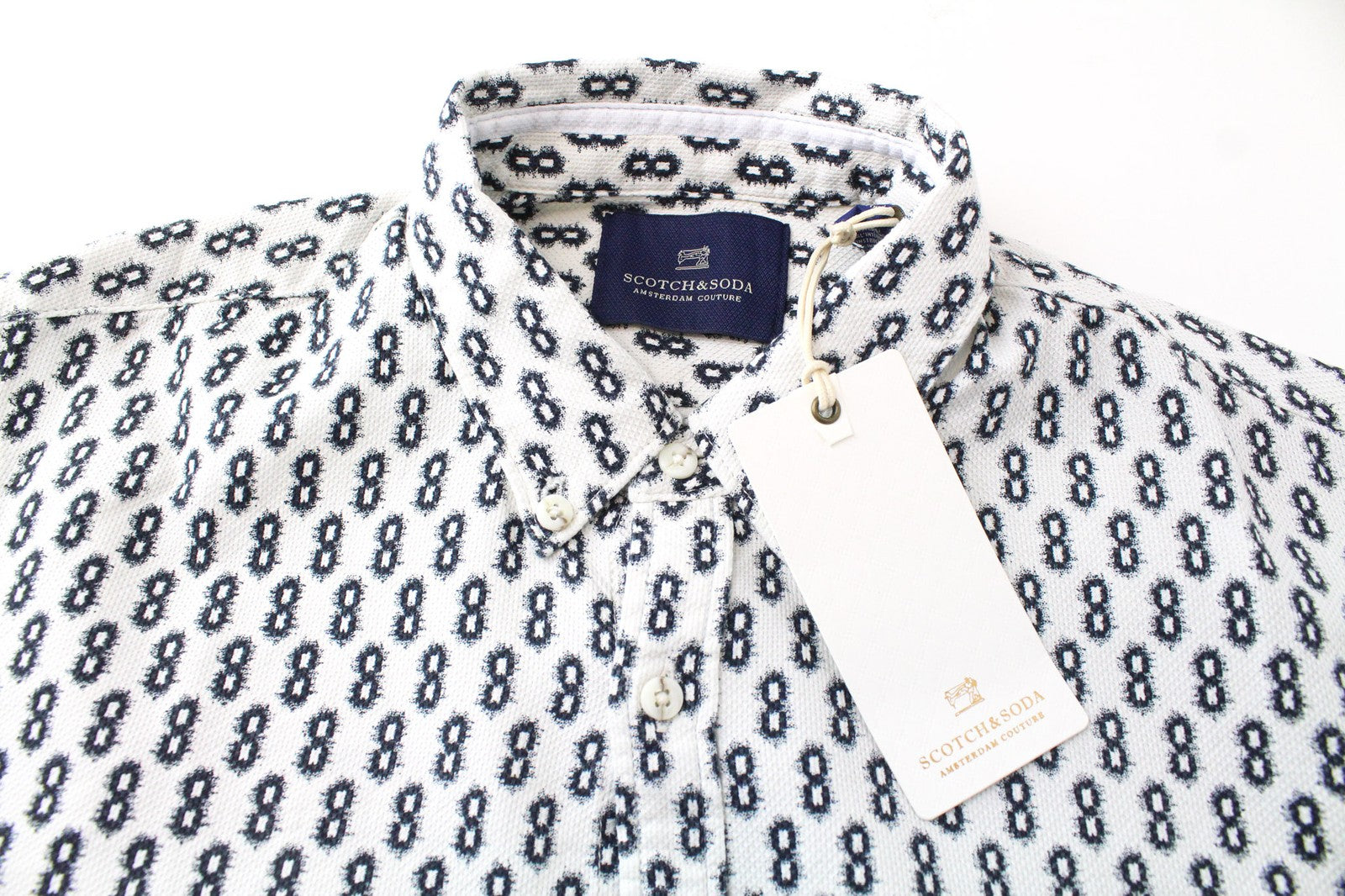 SCOTCH & SODA Ams Couture Men Shirt S White Pure Cotton Patterned Long Sleeve