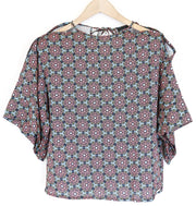 FRANKIE MORELLO moteriški marškinėliai XS dydžio, juodi, šaltais pečiais, laisvo kirpimo, geometrinio rašto. 