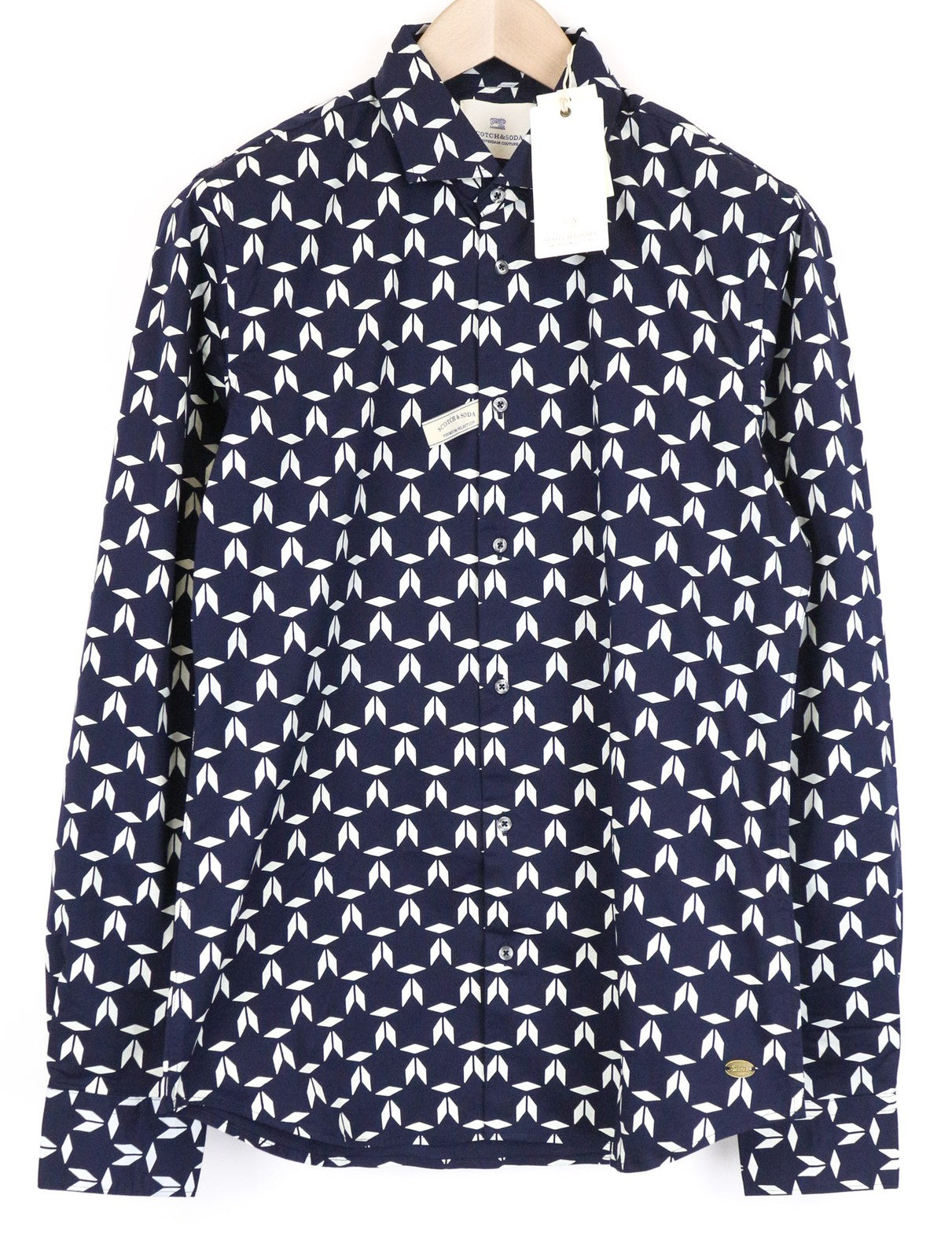 SCOTCH &amp; SODA Ams Couture vyriški marškinėliai su plonais tamsiai mėlynais, tampriais medvilniniais raštais M dydžio 