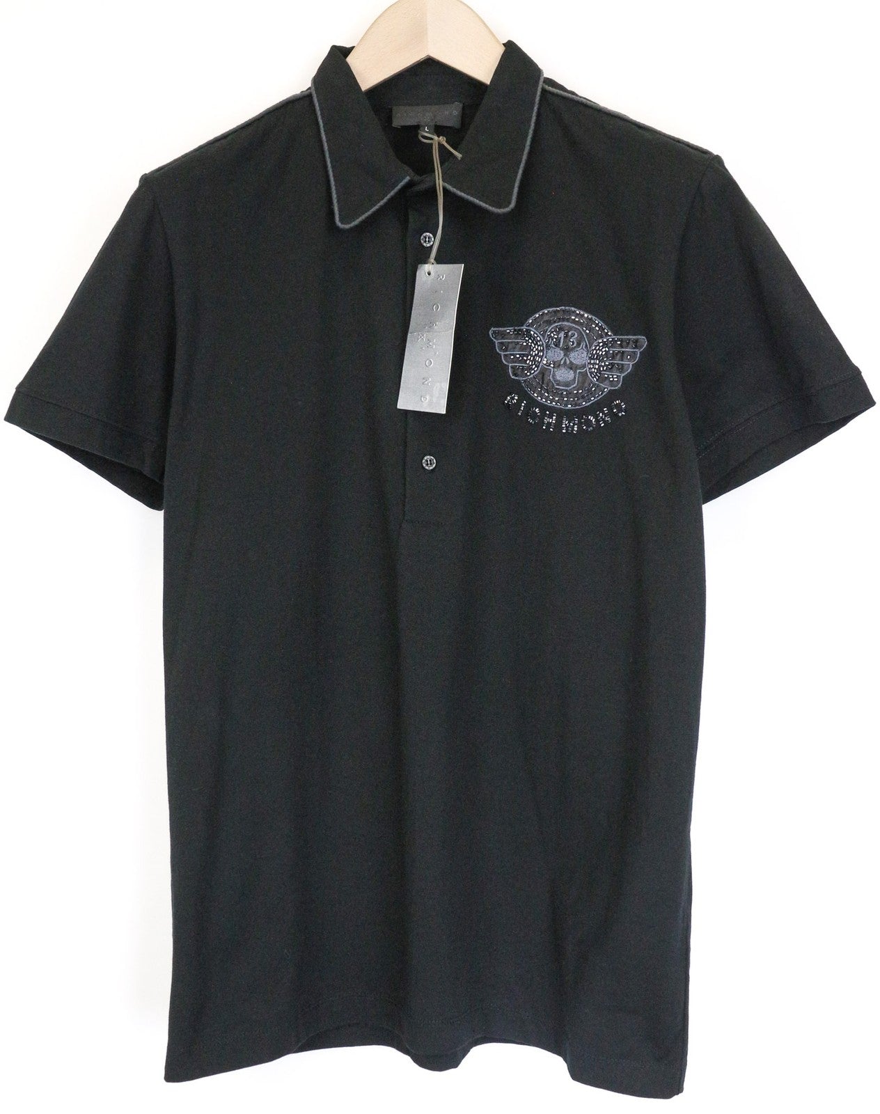 RICHMOND Men's Polo T-Shirt L Black Designer Logo Patched Pure Cotton Classic