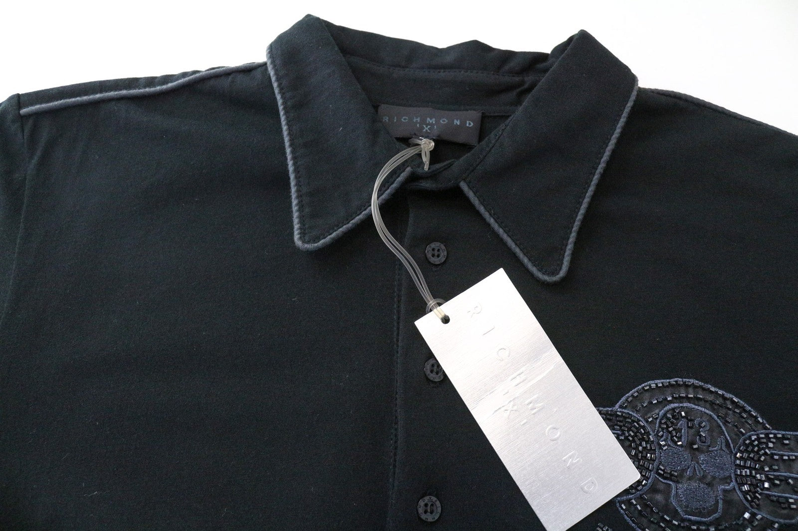 RICHMOND Men's Polo T-Shirt L Black Designer Logo Patched Pure Cotton Classic