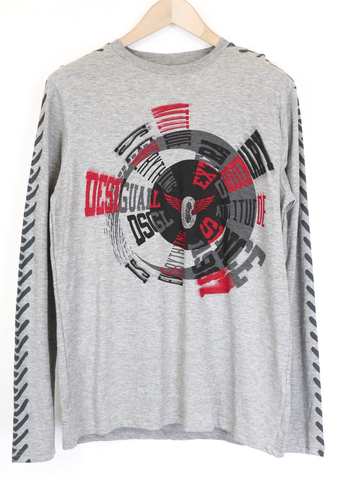 DESIGUAL Men's T-Shirt S Grey Melange Cotton Blend Graphic Pullover Long Sleeve