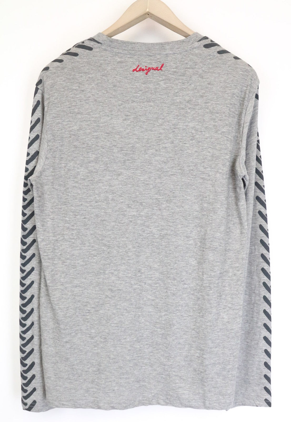 DESIGUAL Men's T-Shirt S Grey Melange Cotton Blend Graphic Pullover Long Sleeve