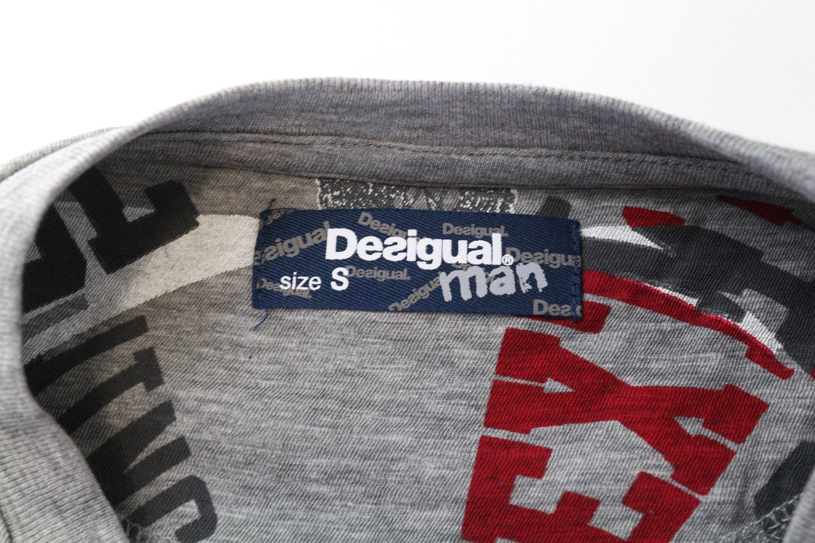 DESIGUAL Men's T-Shirt S Grey Melange Cotton Blend Graphic Pullover Long Sleeve