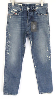 DIESEL Mharky 0870B vyriški džinsai W30/L32 dirbtinės odos mėlyni, ploni, aptempti džinsai 