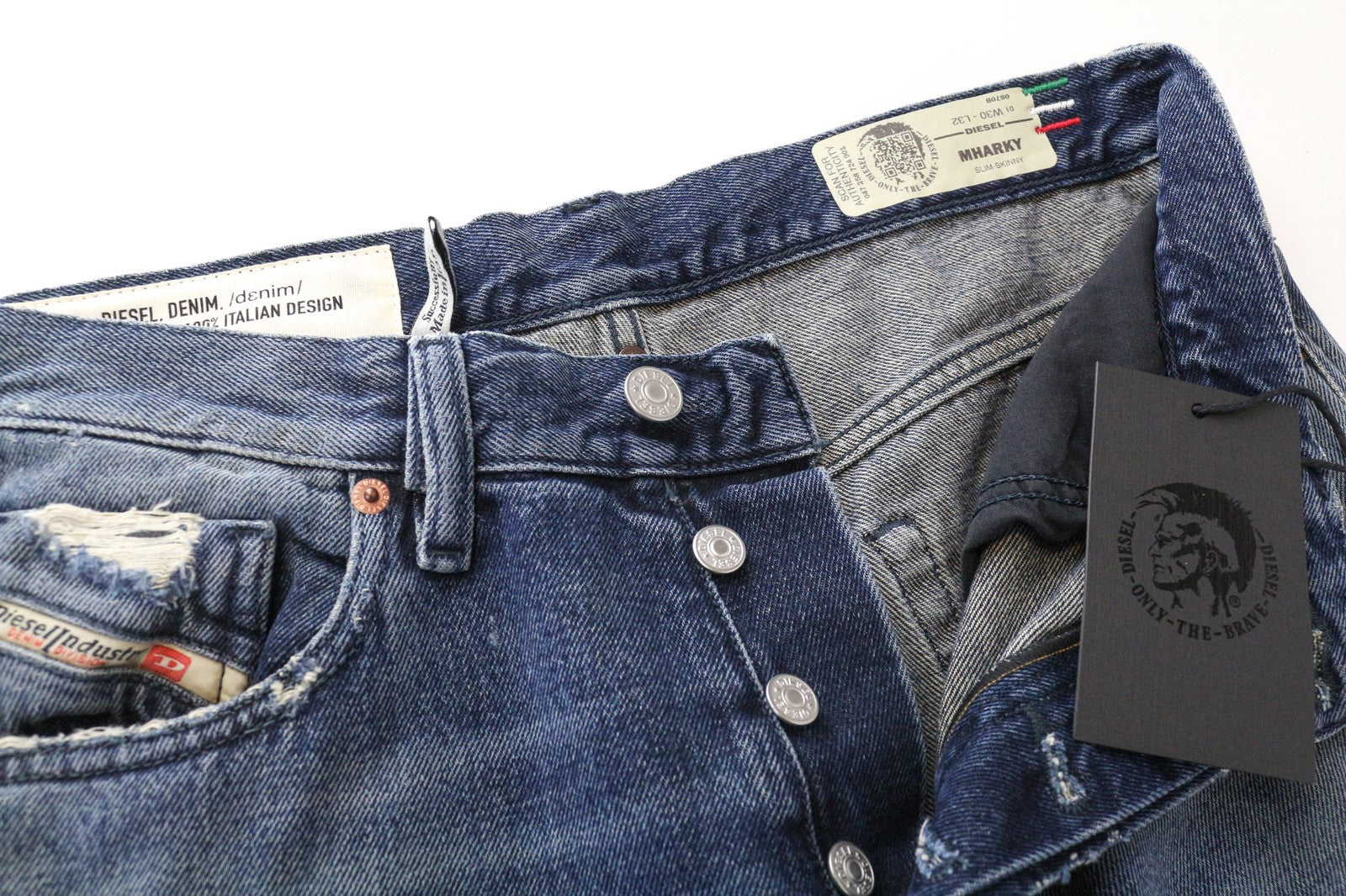 DIESEL Mharky 0870B vyriški džinsai W30/L32 dirbtinės odos mėlyni, ploni, aptempti džinsai 