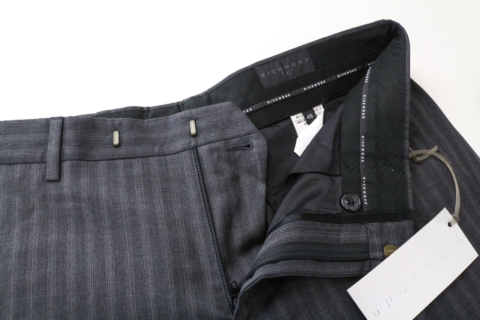 RICHMOND Men's Trousers IT48 Dark Grey Slim Virgin Wool Striped Designer Pants