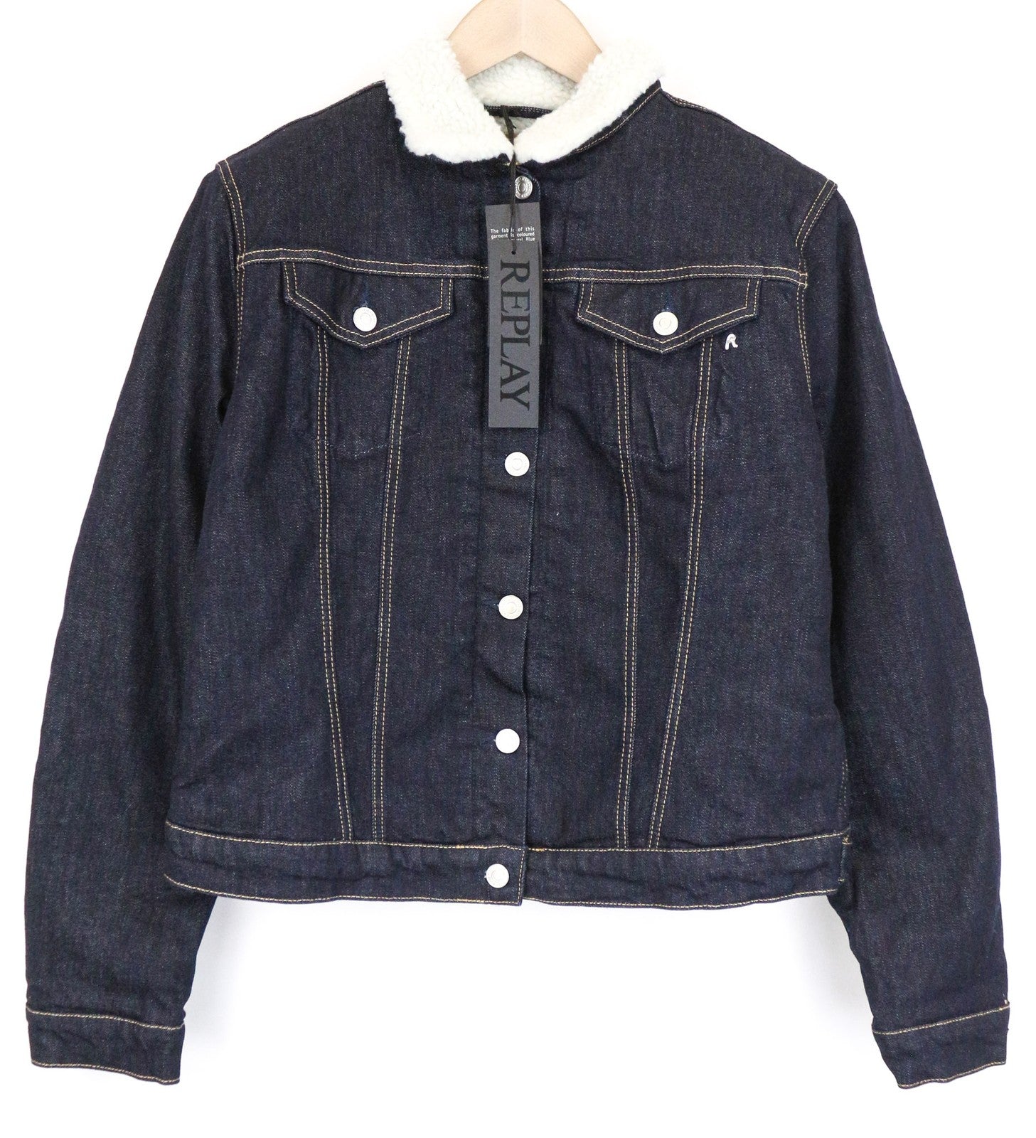 REPLAY Women's Jacket XL Blue Denim Cotton Stretch Lined Collared Long Sleeve