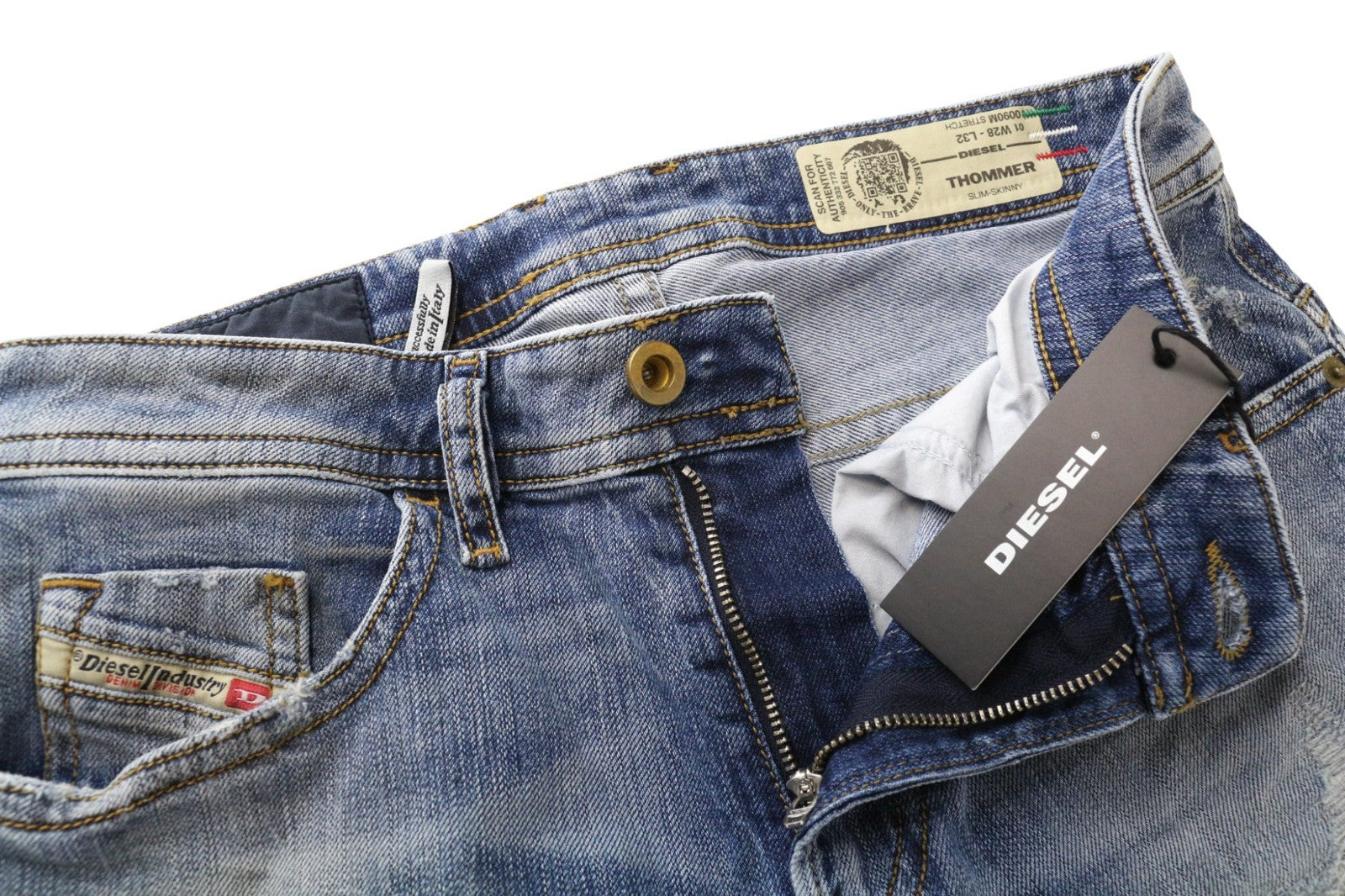 DIESEL Thommer 0090M vyriški džinsai W28/L32 mėlyni plėšyti ploni aptempti tamprūs džinsai 