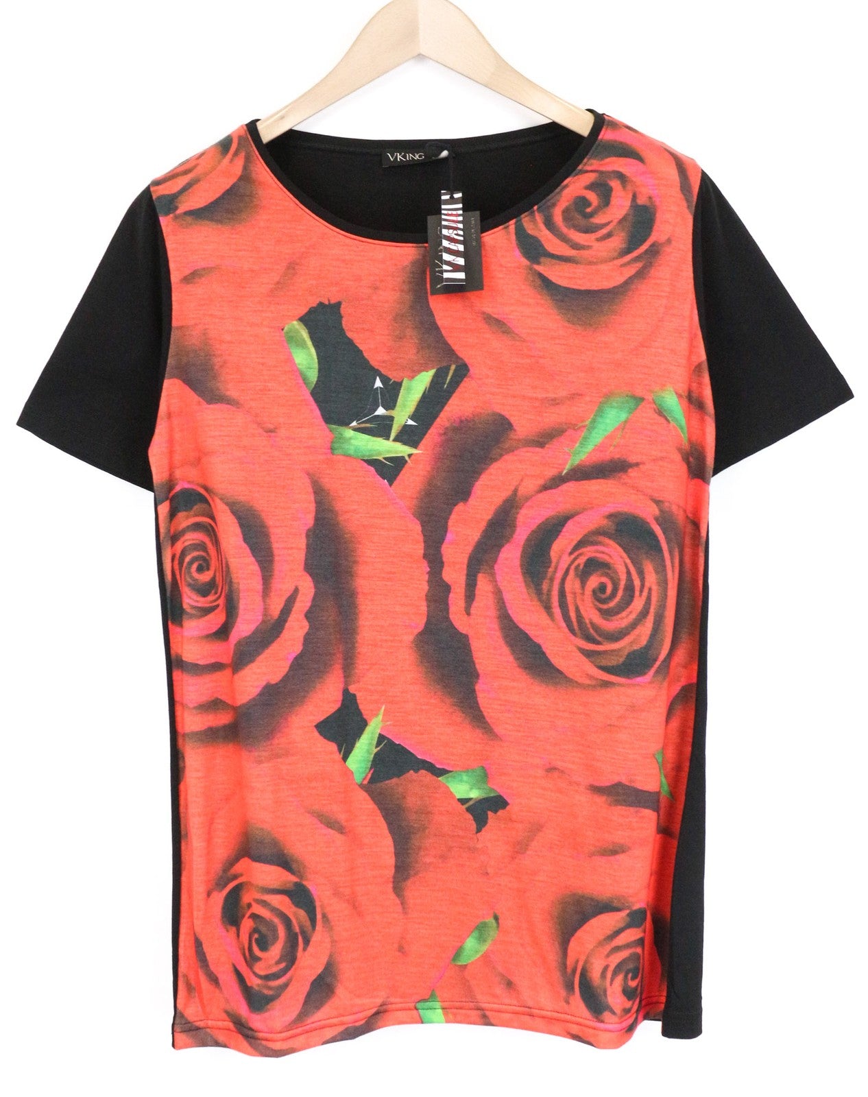VKING Men's T-Shirt S Red Black Pure Cotton Roses Graphic Tee Short Sleeve