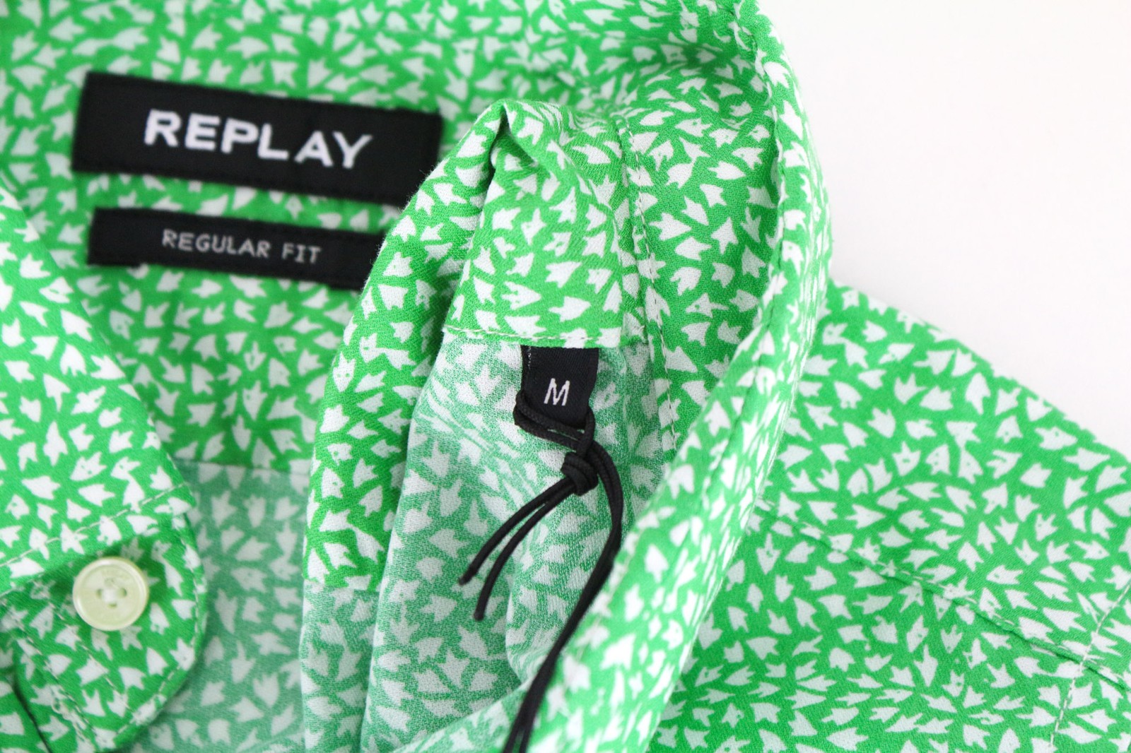 REPLAY Men Shirt M Light Green Patterned Pure Cotton Button Up Classic Cuffed