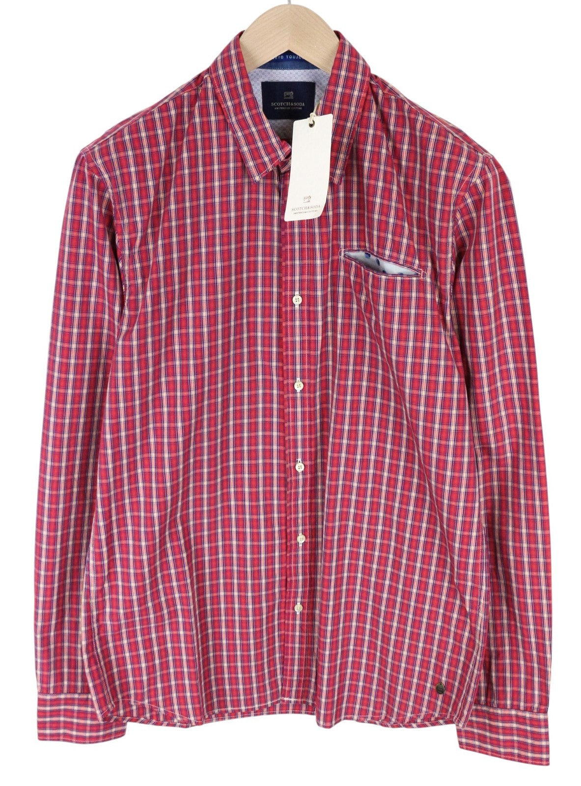 SCOTCH & SODA Men Shirt L Red Tartan Check Print Classic Melange Pure Cotton