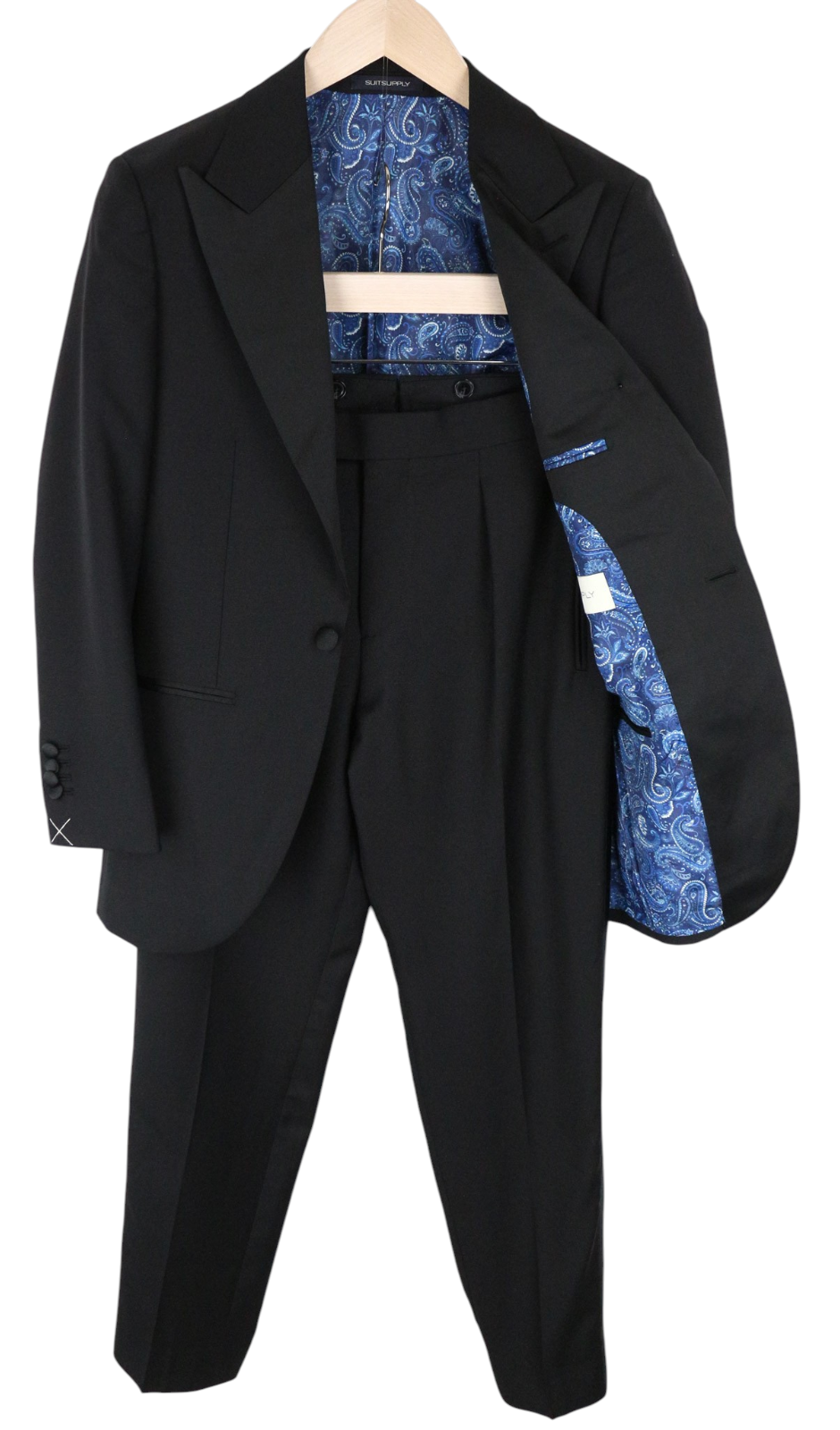 SUITSUPPLY La Spalla Men Suit UK30R Black Slim 2-Piece Pure Wool Tuxedo Twill