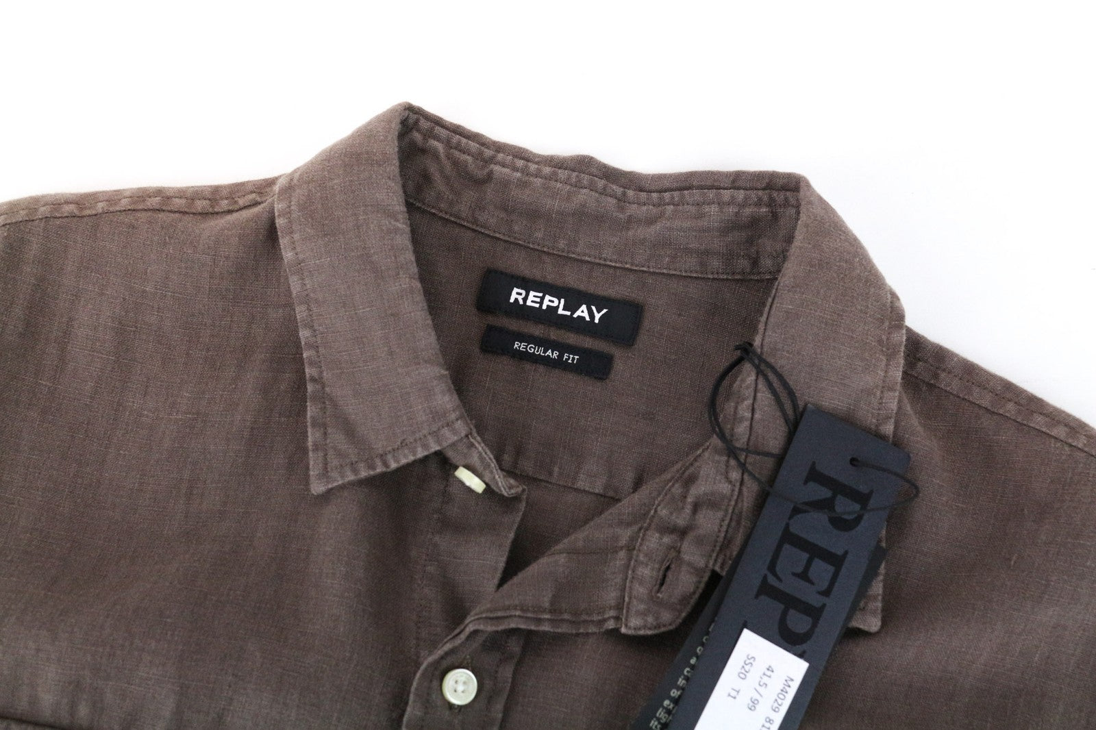REPLAY Men Shirt L Brown Pure Linen Short Sleeved Button-Up Pocketed