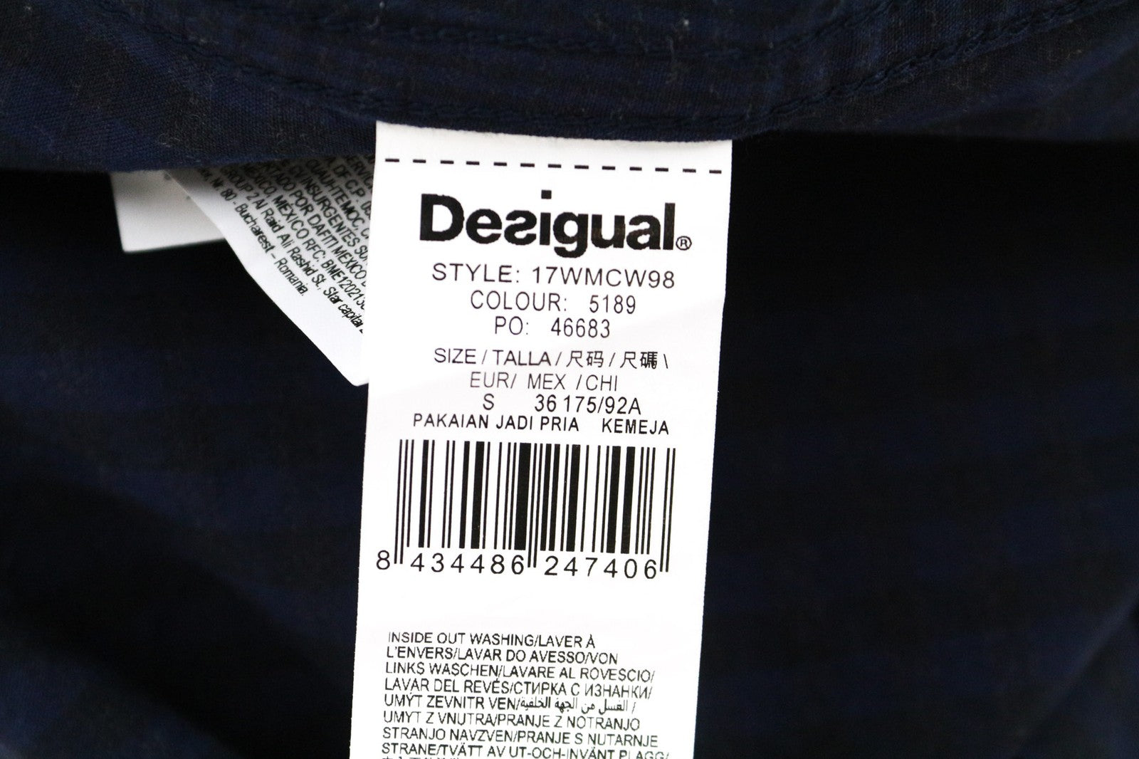 DESIGUAL Isma Men Shirt S Navy Cotton Stretch Patterned Long Sleeved Pocketed