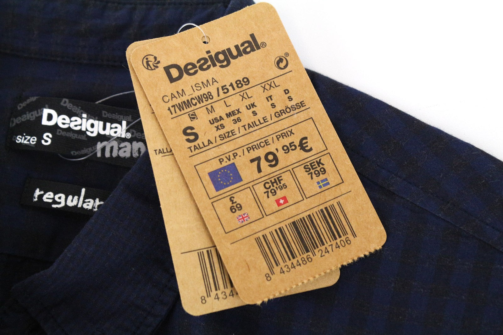 DESIGUAL Isma Men Shirt S Navy Cotton Stretch Patterned Long Sleeved Pocketed