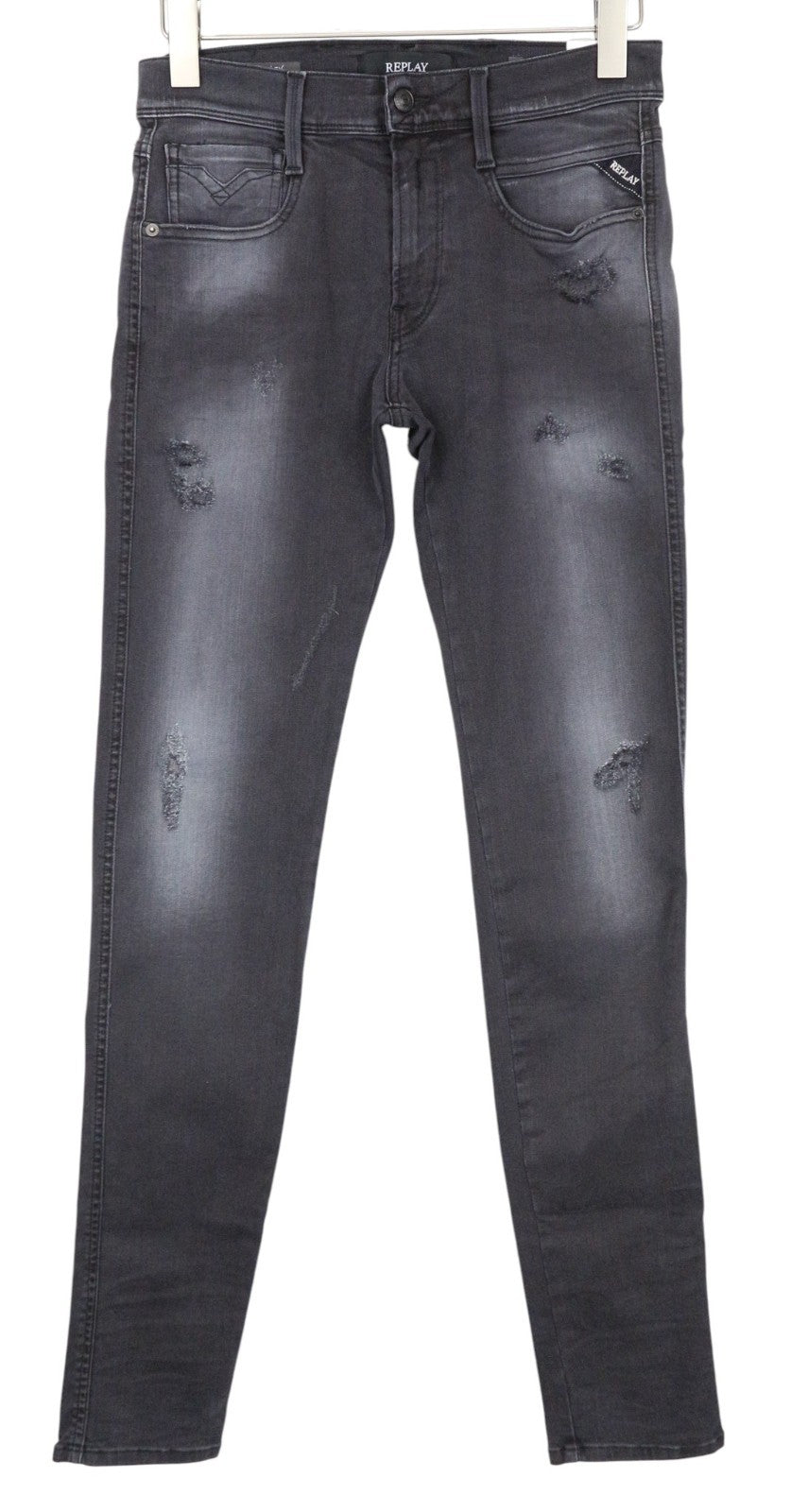 REPLAY Anbass Men Jeans W28/L34 Slim Grey Cotton Blend Stretch Ripped Washed