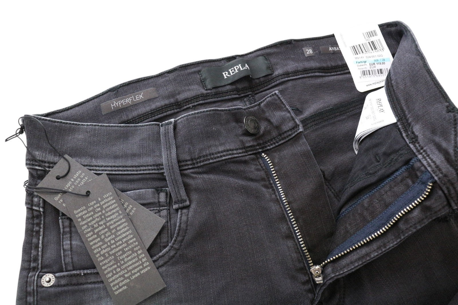 REPLAY Anbass Men Jeans W28/L34 Slim Grey Cotton Blend Stretch Ripped Washed